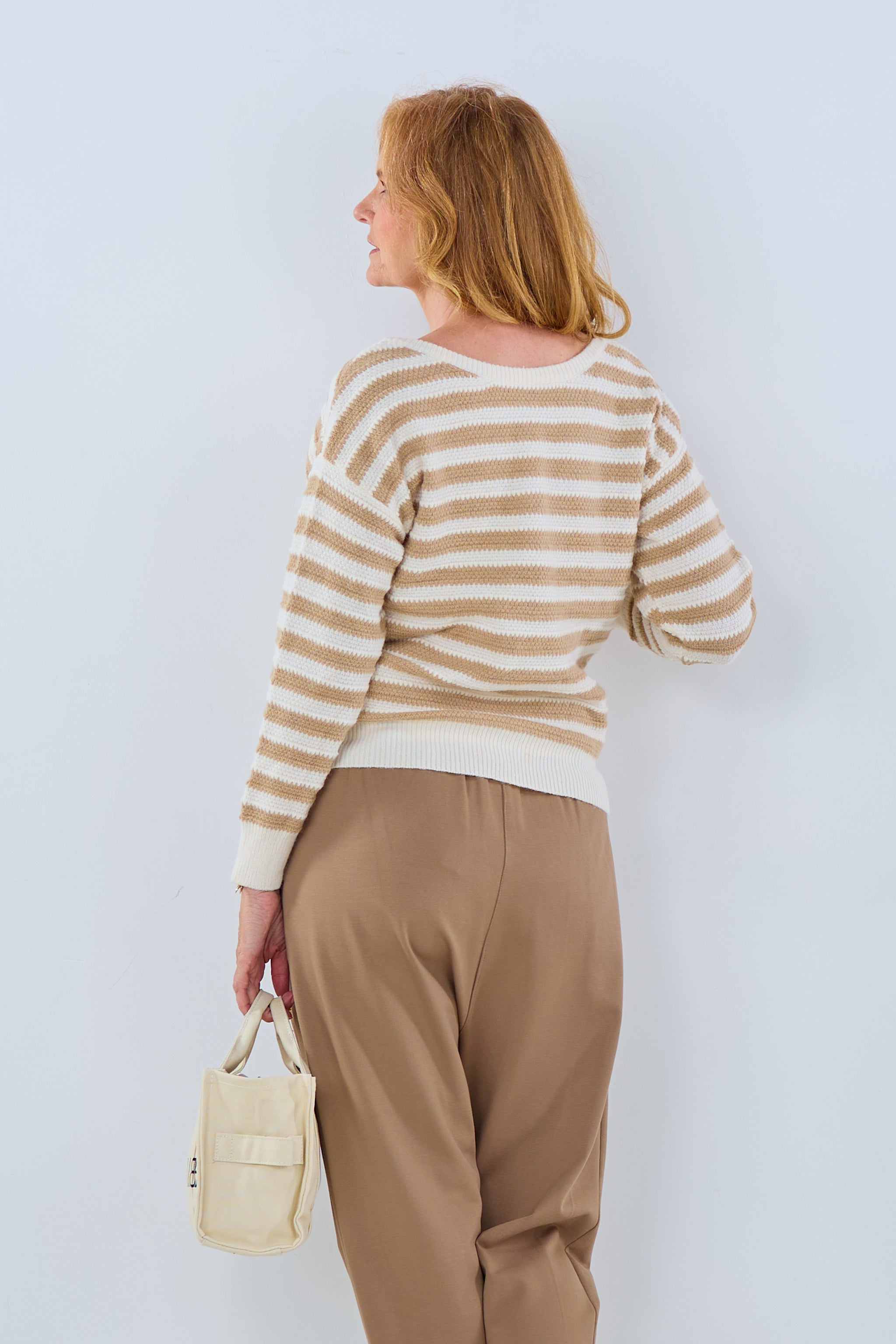 Striped sweater with bow, beige-ecru