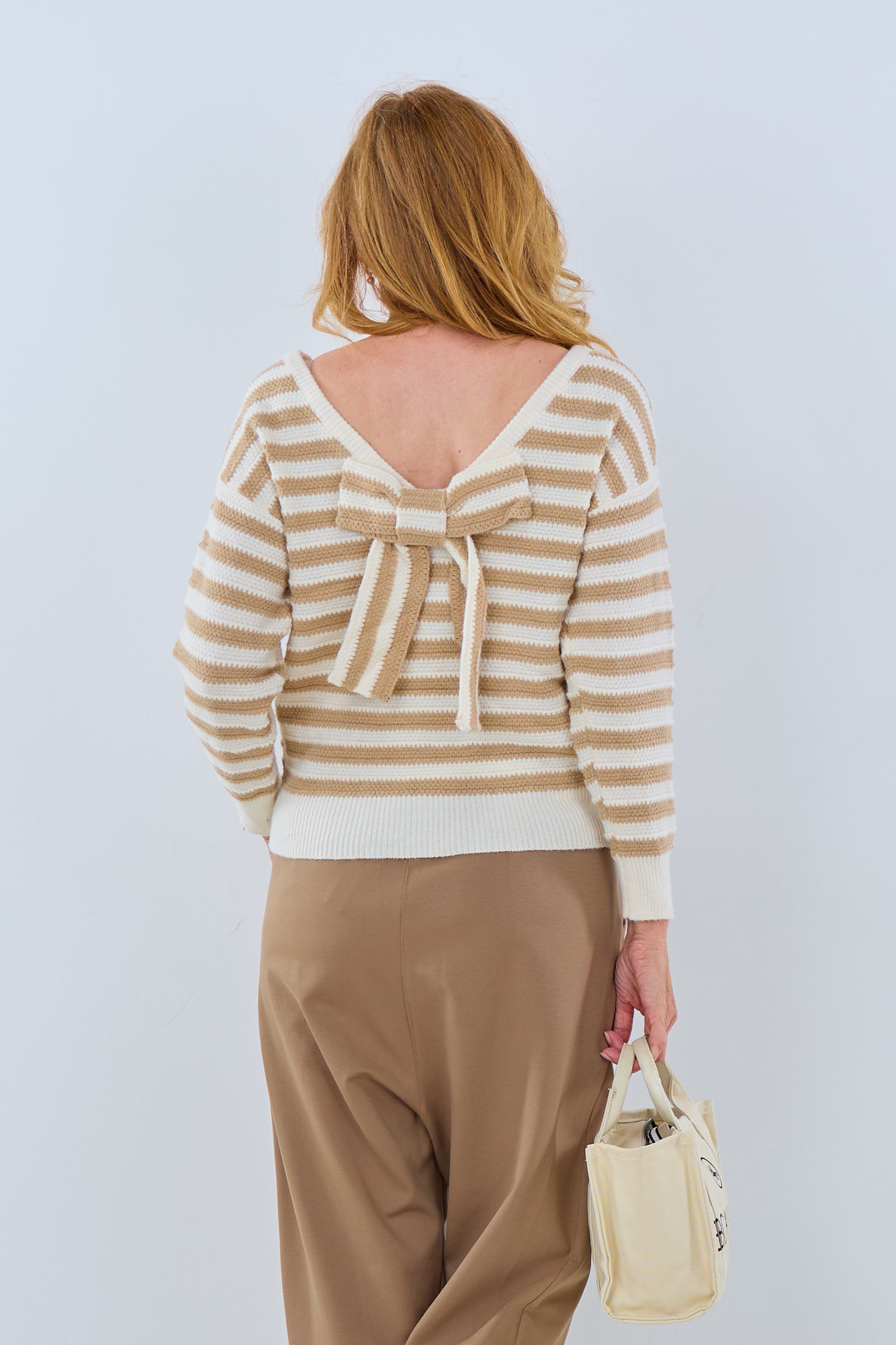 Striped sweater with bow, beige-ecru