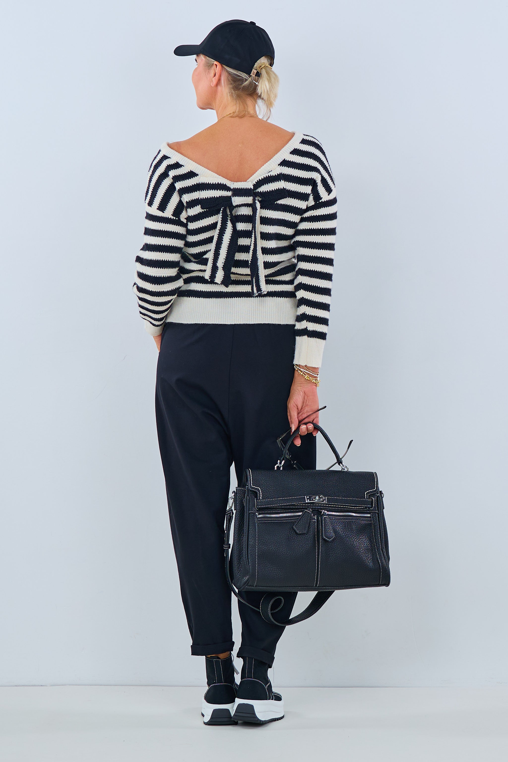 Striped sweater with ribbon, black-ecru