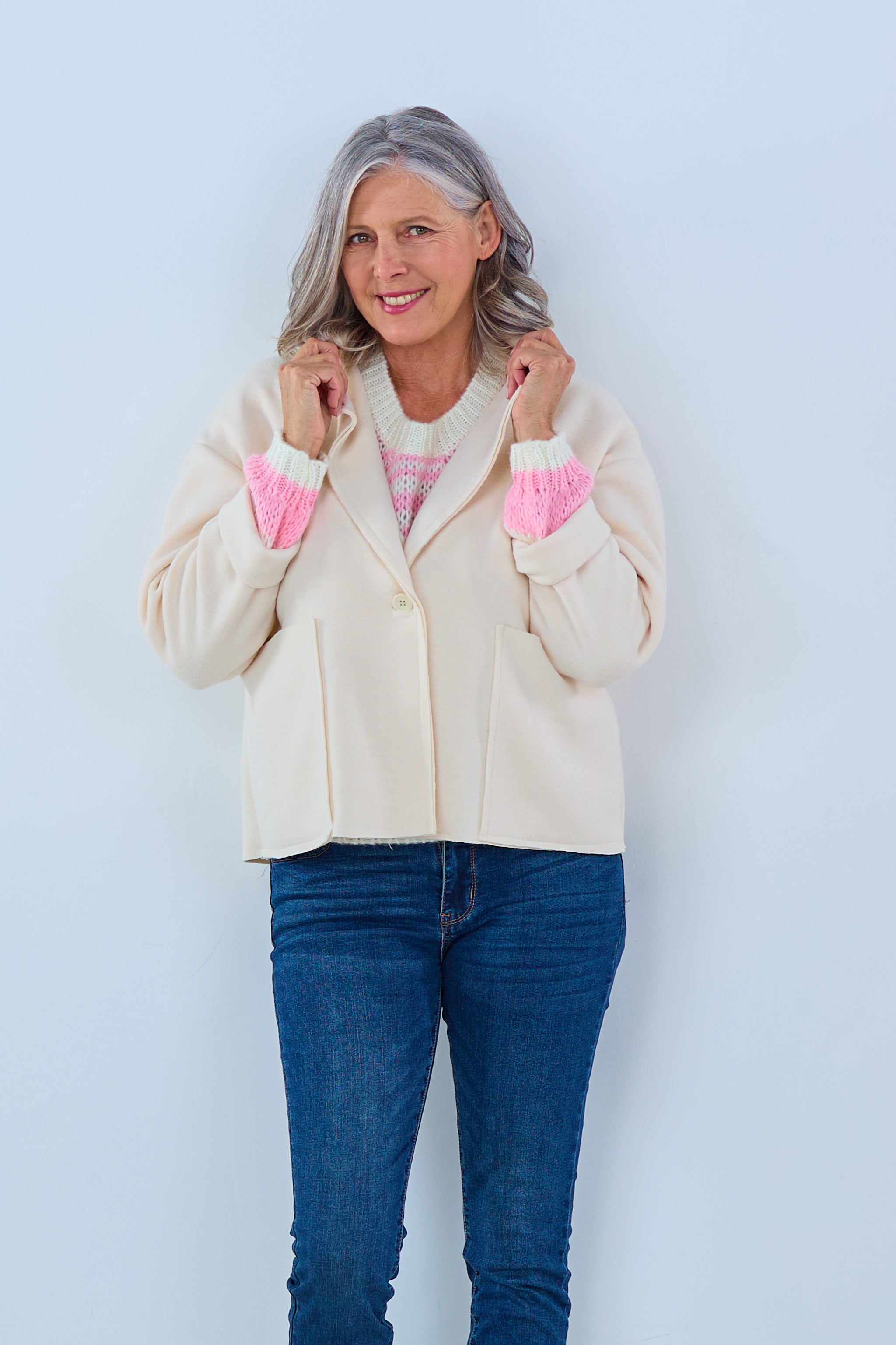 Oversized Feinstrick Blazer mit großen Taschen, creme von Trends & Lifestyle