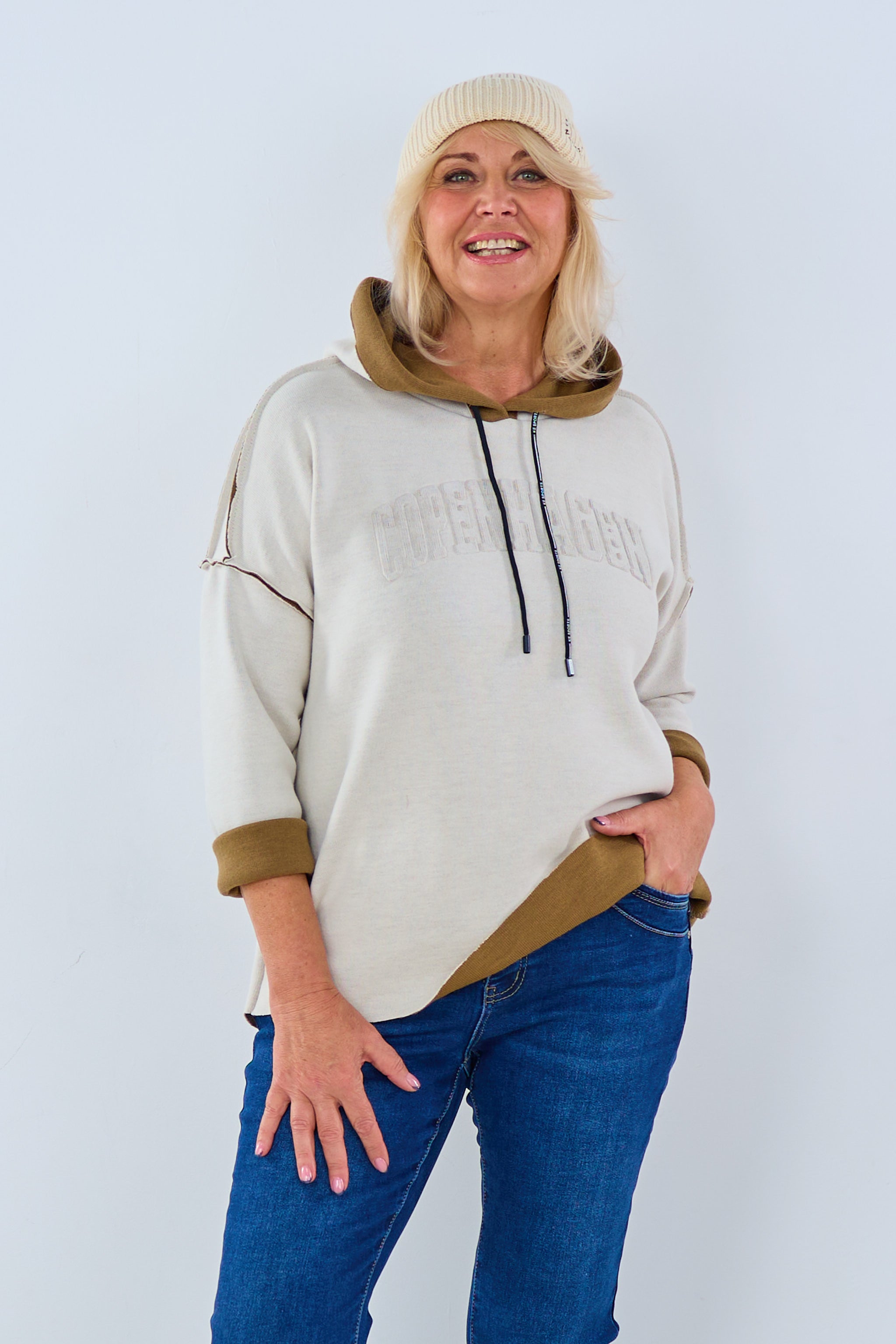 Bi-Color Hoodie mit Schriftzug, hellbeige-braun von Trends & Lifestyle