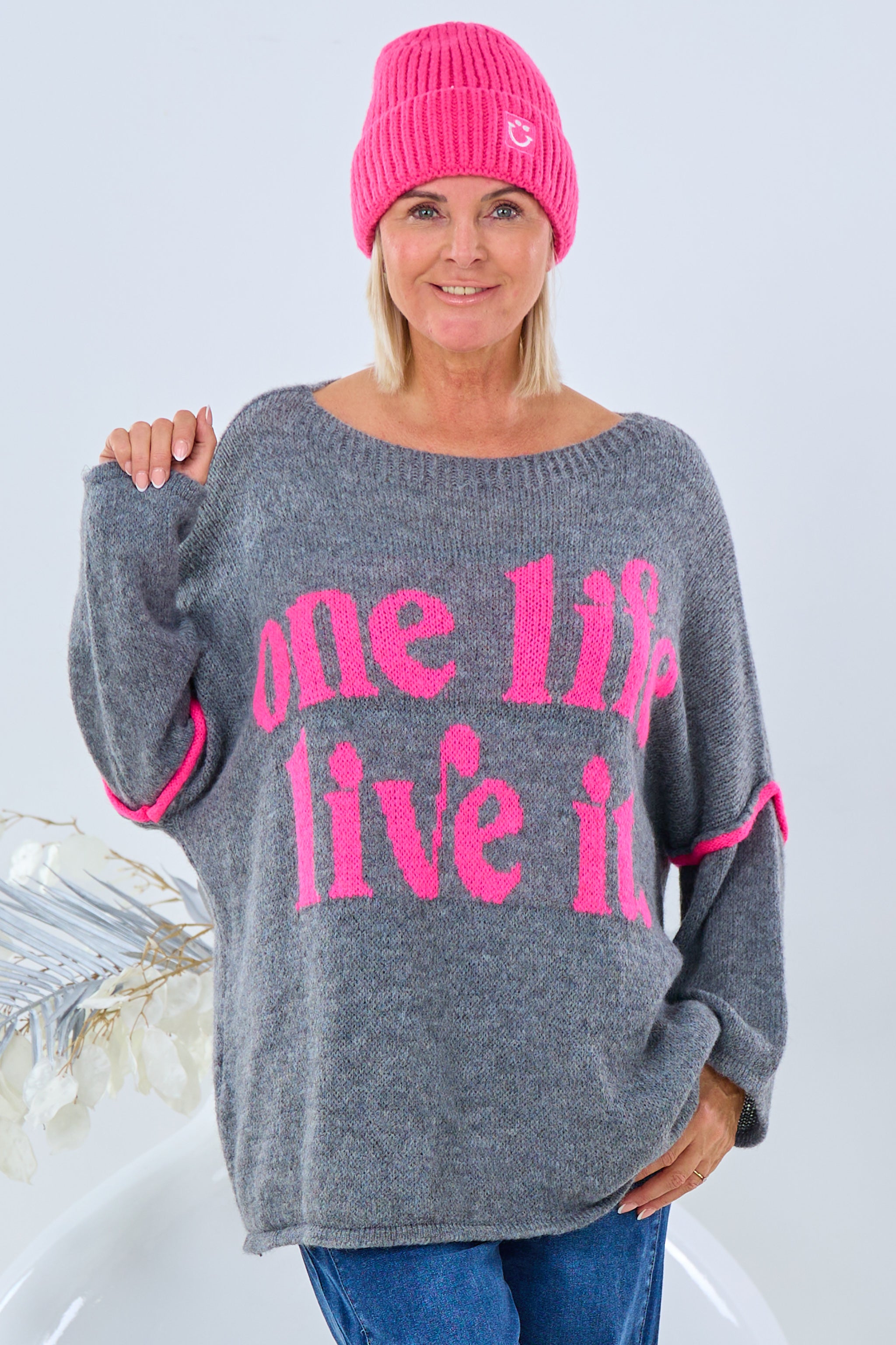 Strickpullover "ONE LIFE", grau-pink von Trends & Lifestyle