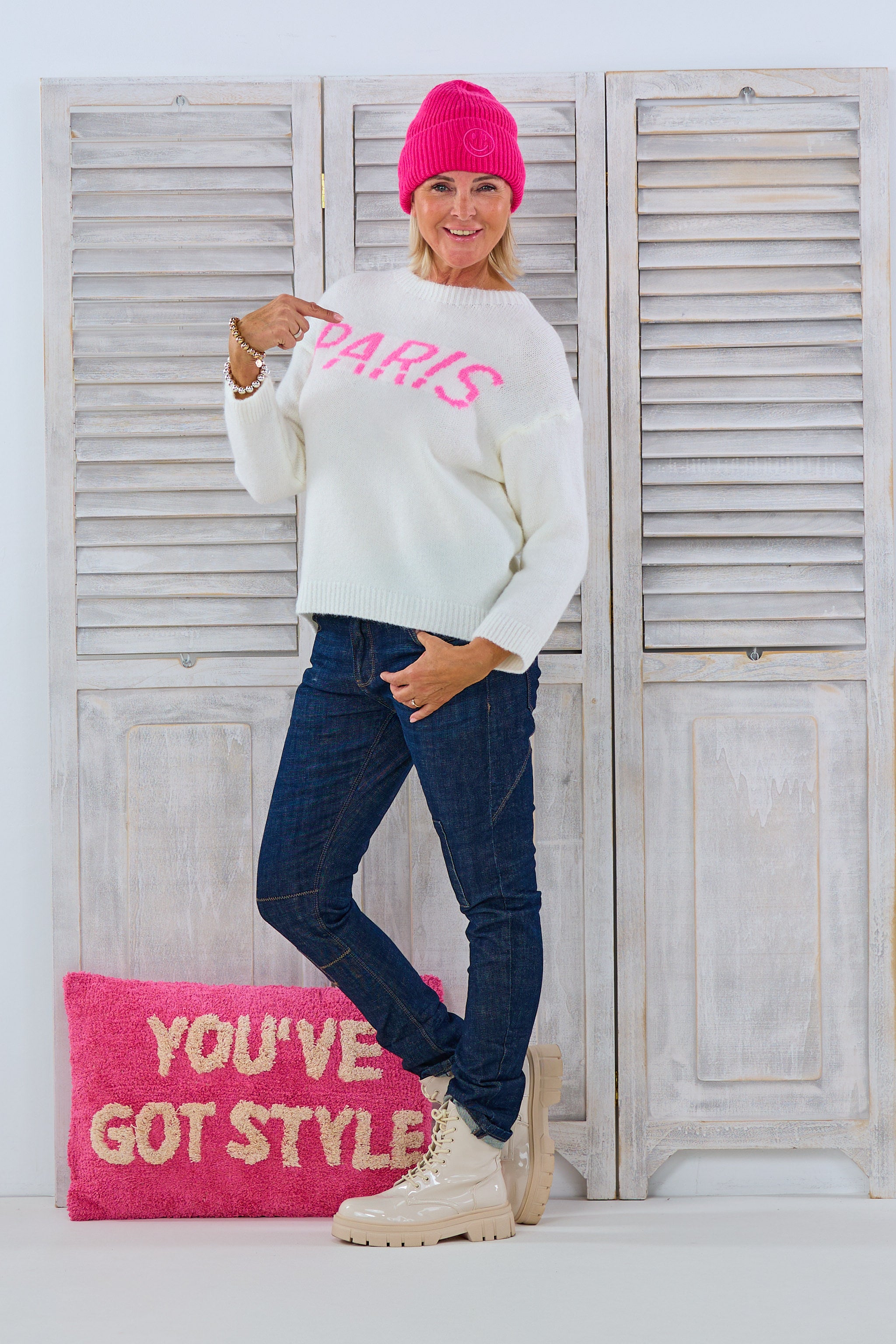 Strickpulli mit eingestricktem Schriftzug, ecru-pink von Trends & Lifestyle