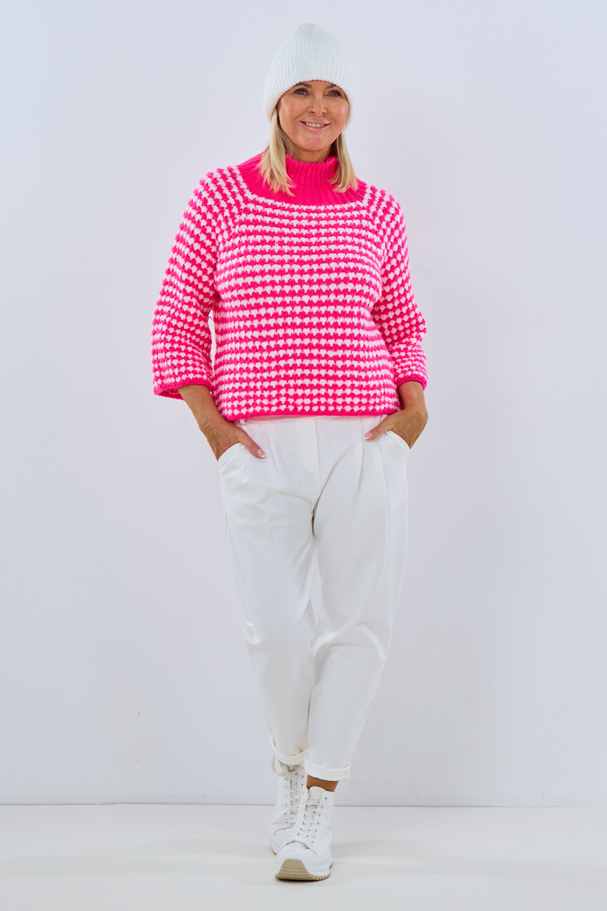 grobgestrickter Pullover mit Turtleneck, pink-weiß von Trends & Lifestyle Deutschland GmbH 