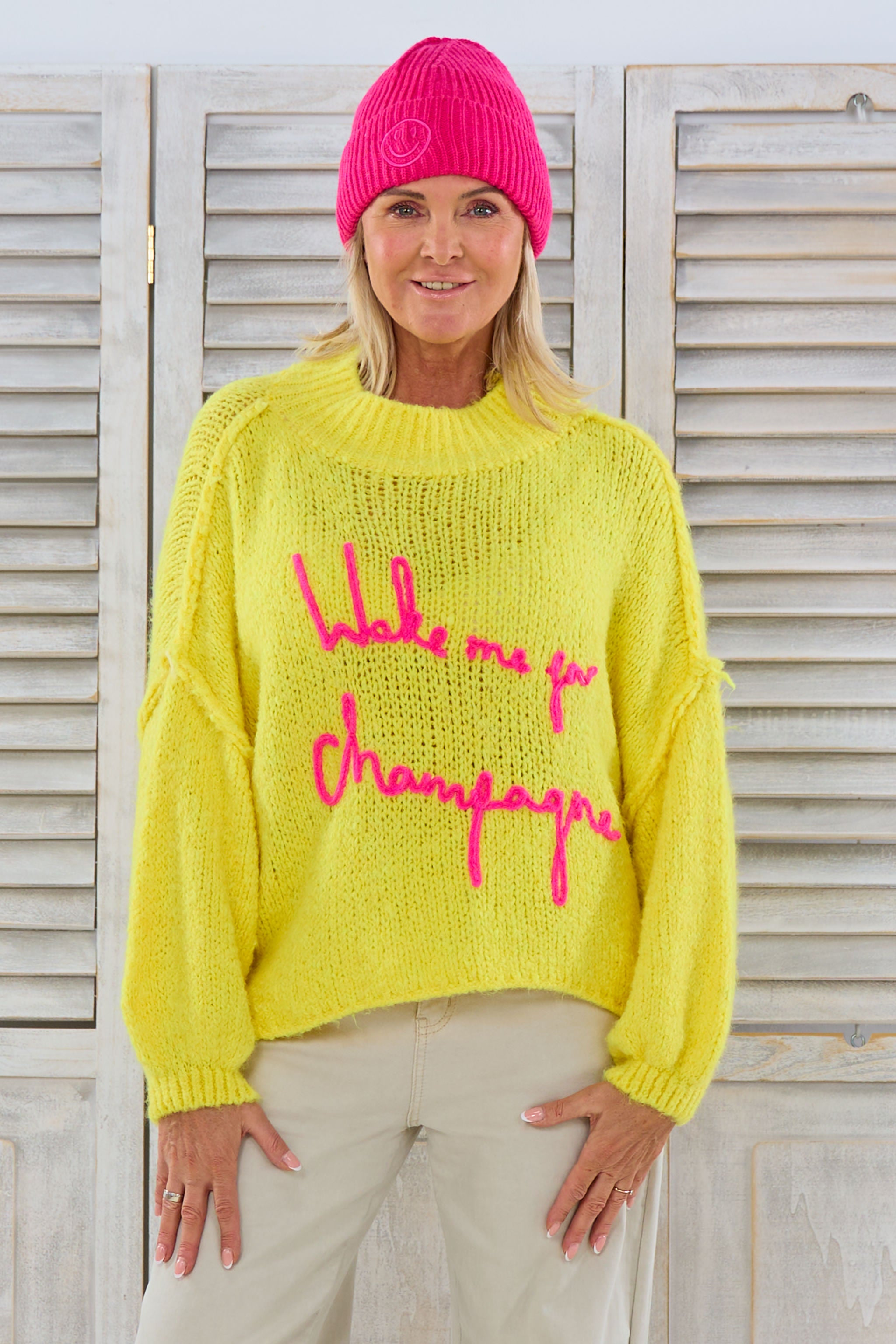 Strickpullover WAKE ME FOR CHAMPAGNE, gelb von Trends & Lifestyle Deutschland GmbH