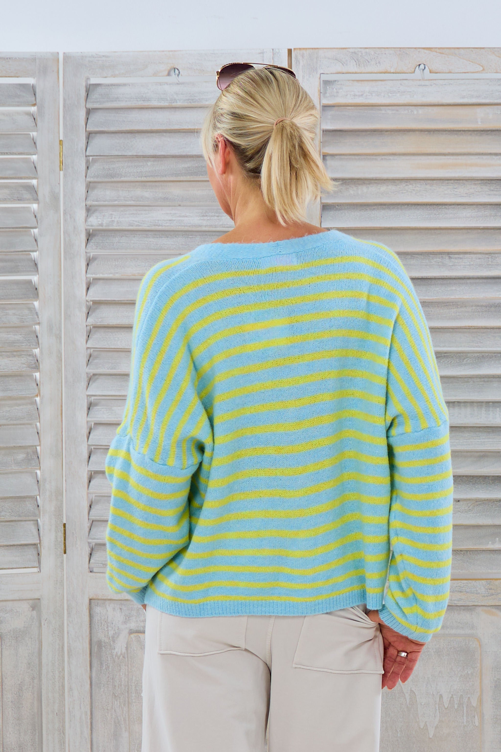 striped cardigan with V-neck, light blue-yellow