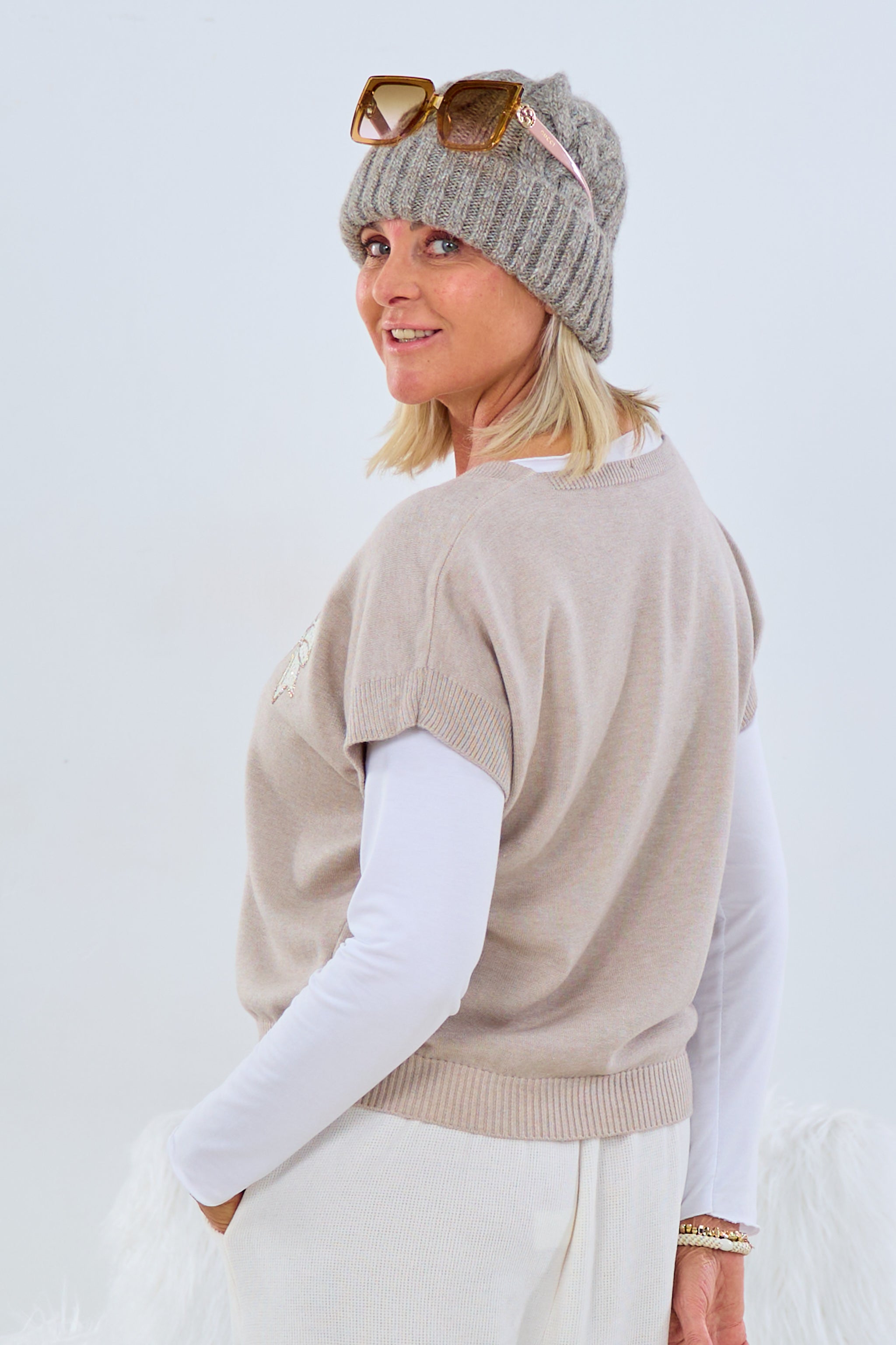 Kurzarm-Strickpulli mit Schleife, helltaupe von Trends & Lifestyle Deutschland GmbH