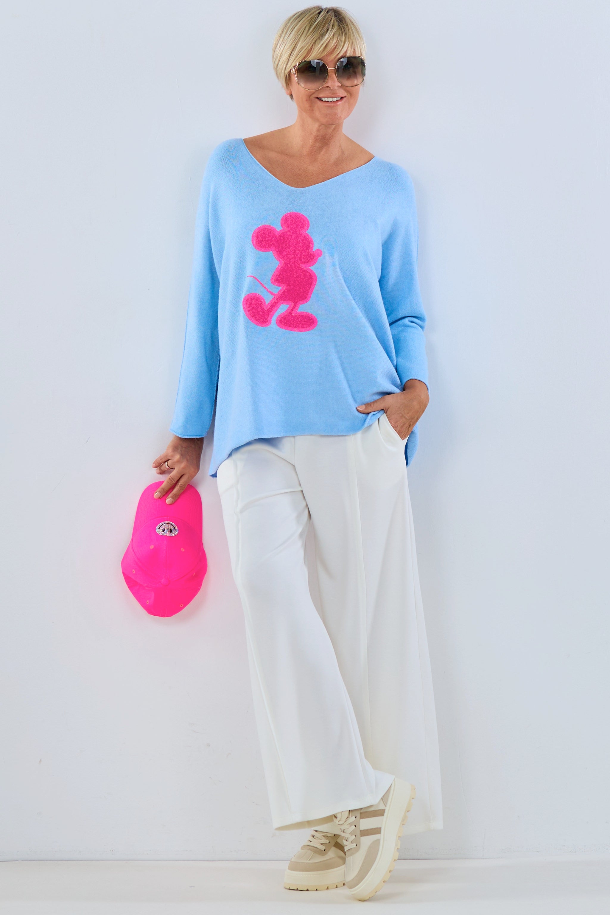 weicher Pulli mit Maus Patch, hellblau-pink