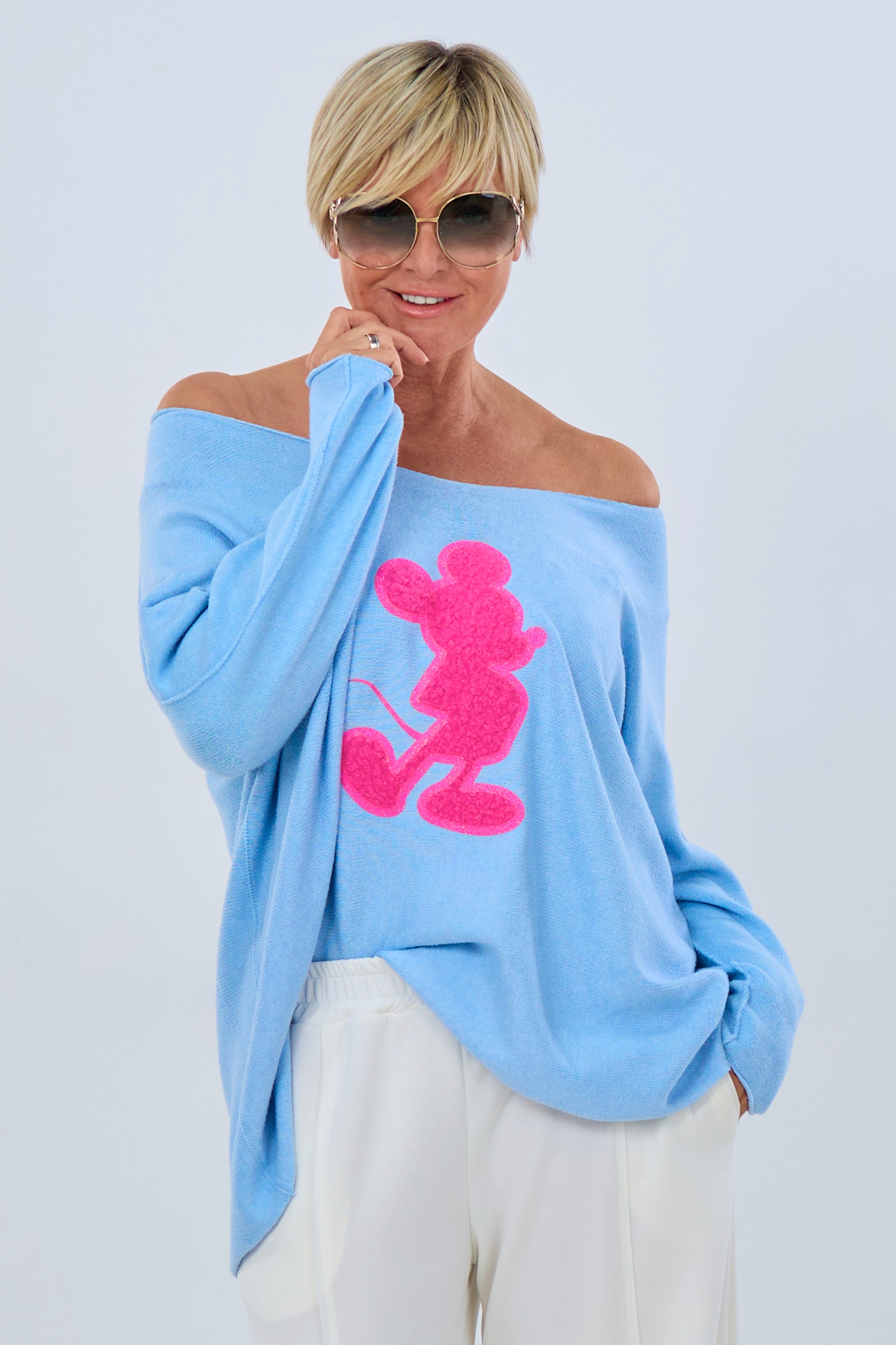 weicher Pulli mit Maus Patch, hellblau-pink