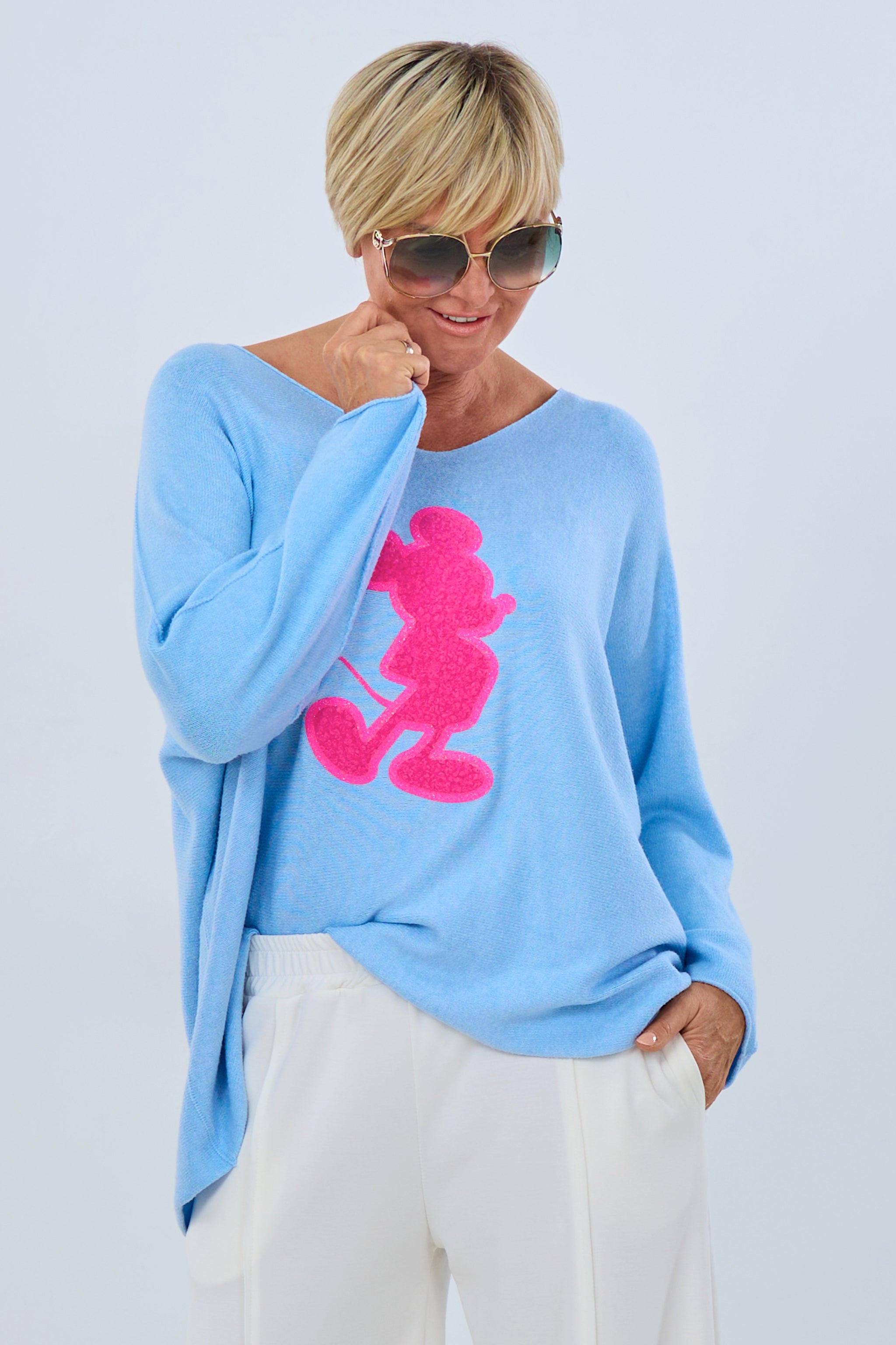 weicher Pulli mit Maus Patch, hellblau-pink