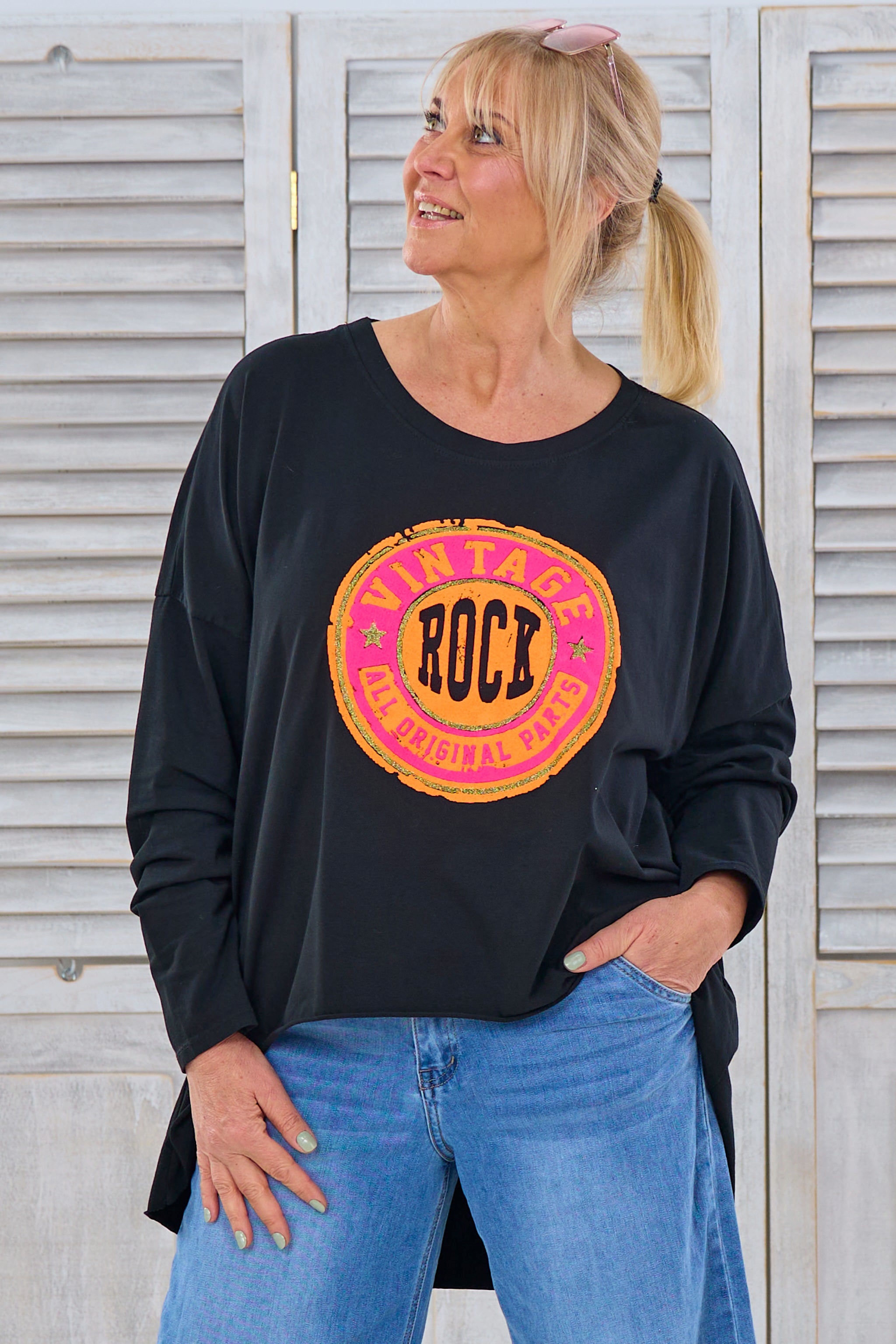 Oversized Shirt mit VINTAGE-ROCK-Emblem, schwarz von Trends & Lifestyle Deutschland GmbH