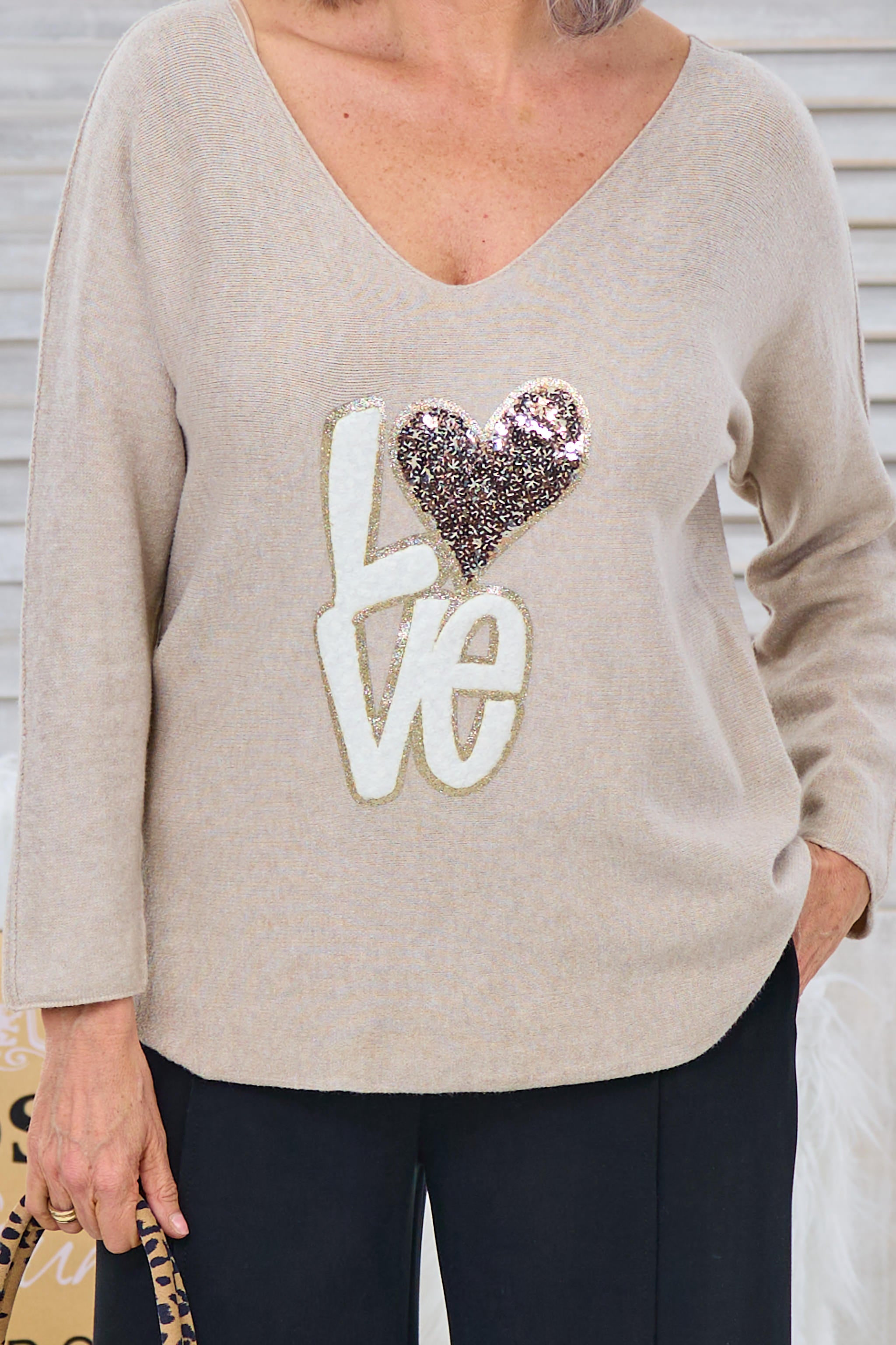 quergestrickter Pulli LOVE, taupe von Trends & Lifestyle Deutschland GmbH