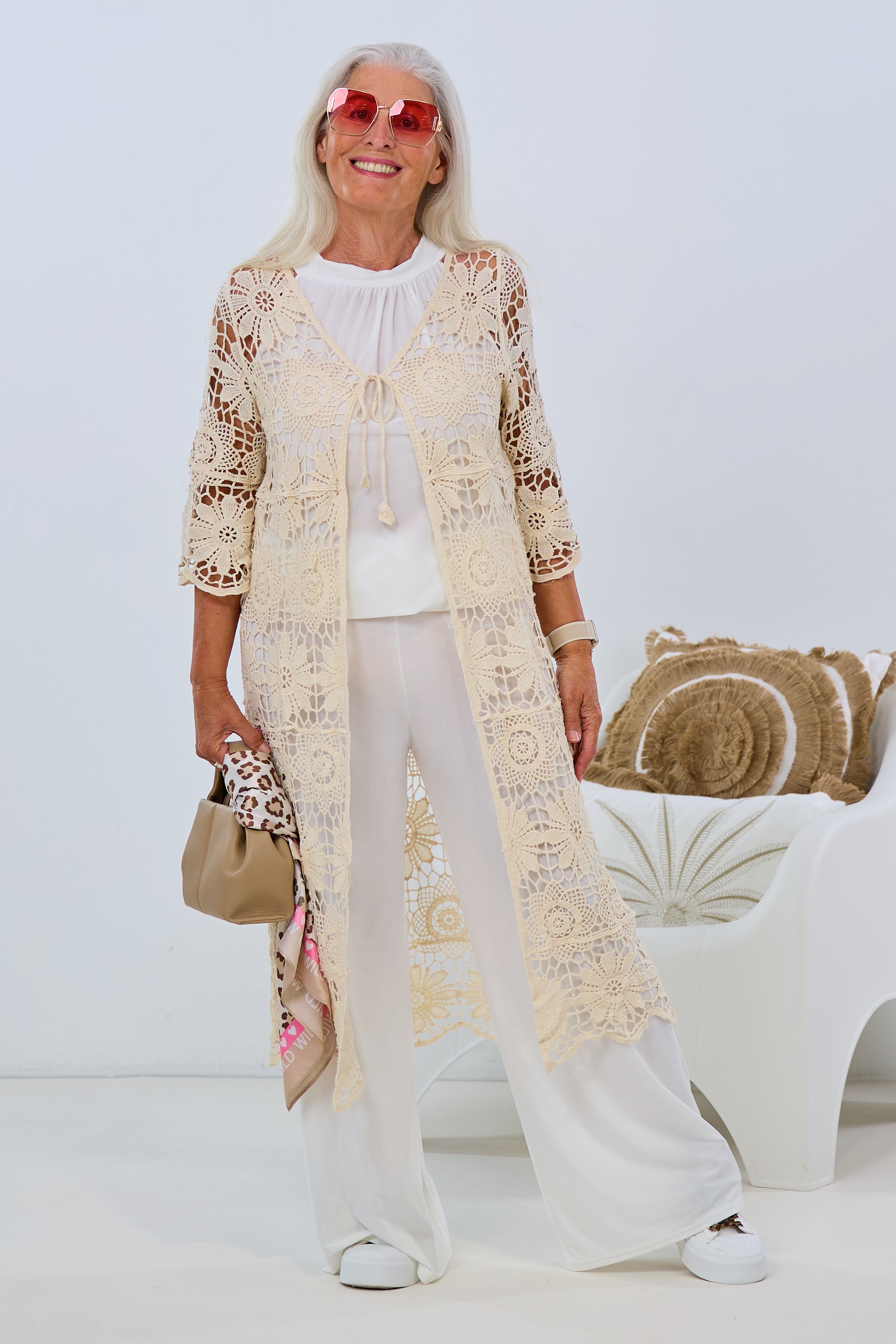 Long crochet cardigan with 3/4 sleeves, beige