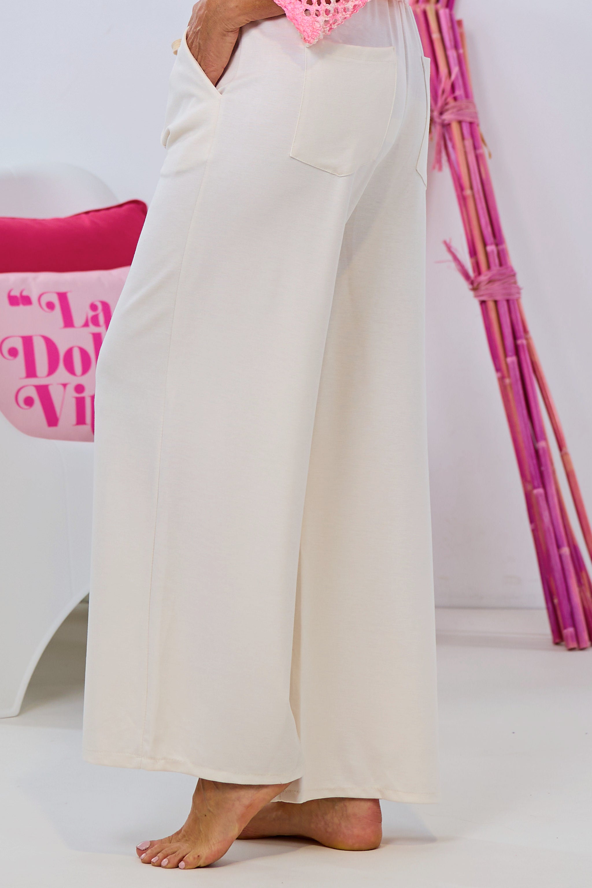 Wide pants with stitched center seam, cream