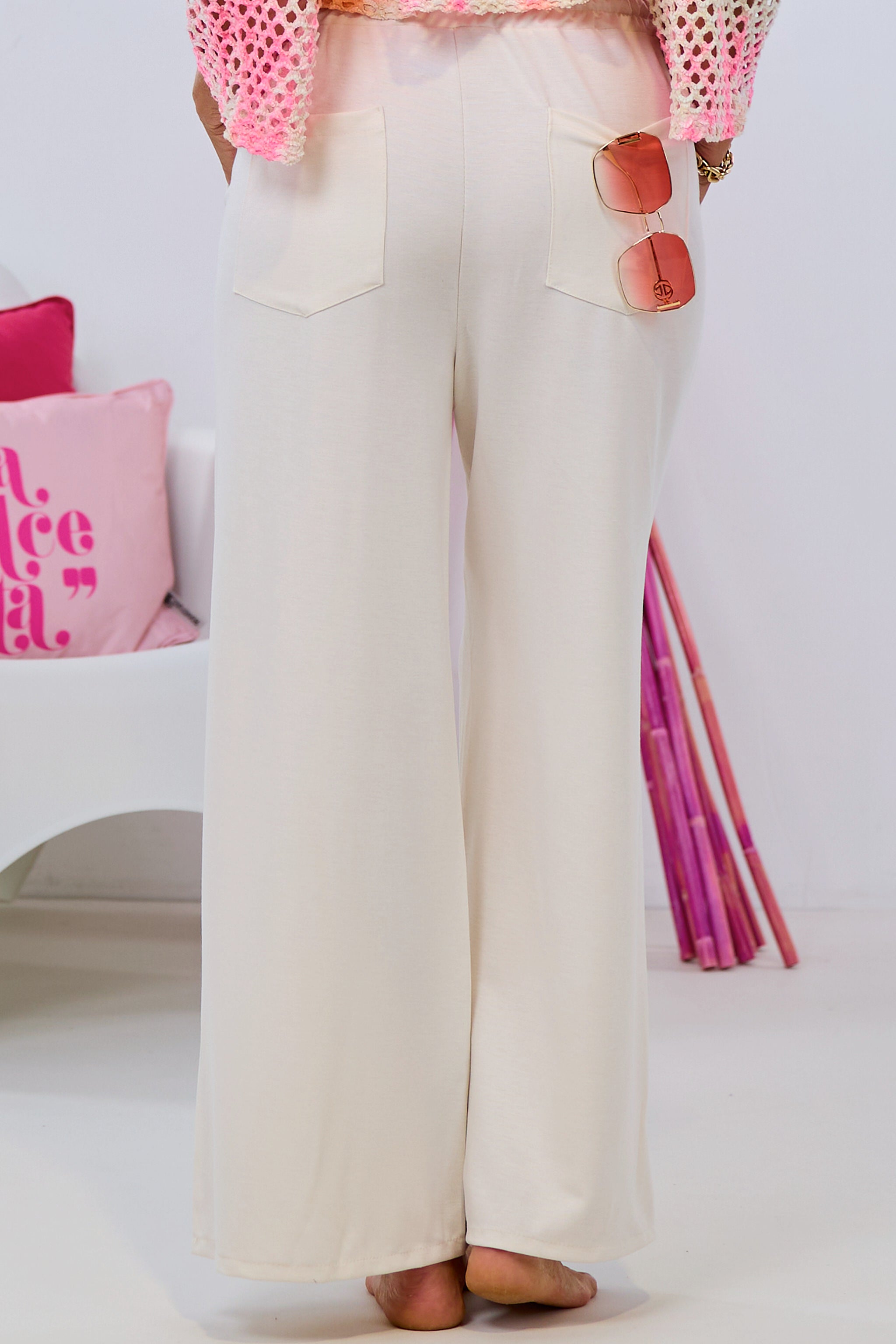 Wide pants with stitched center seam, cream