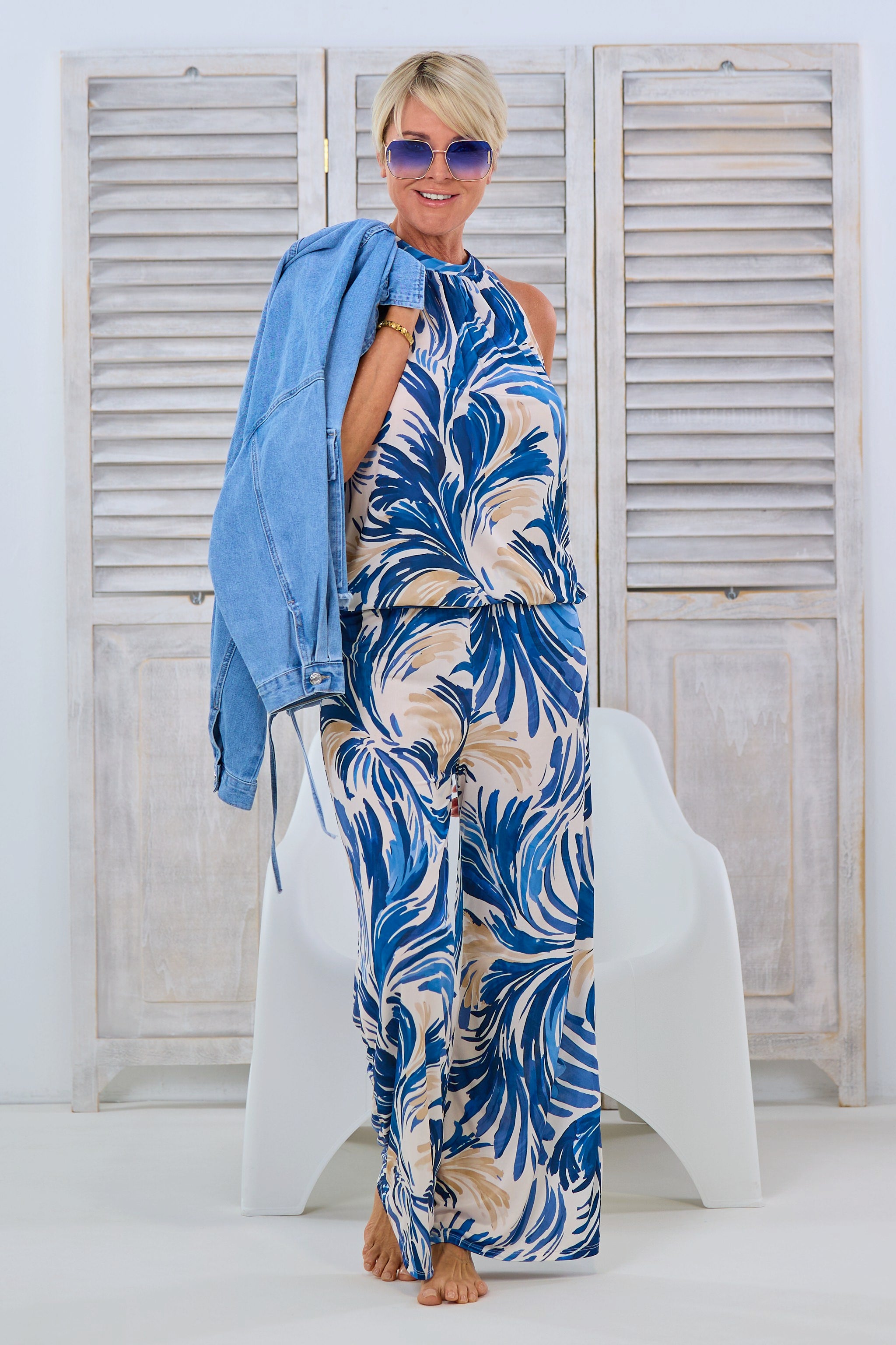 weich fallende Hose mit Farn-Muster, blau-beige-ecru von Trends & Lifestyle Deutschland GmbH