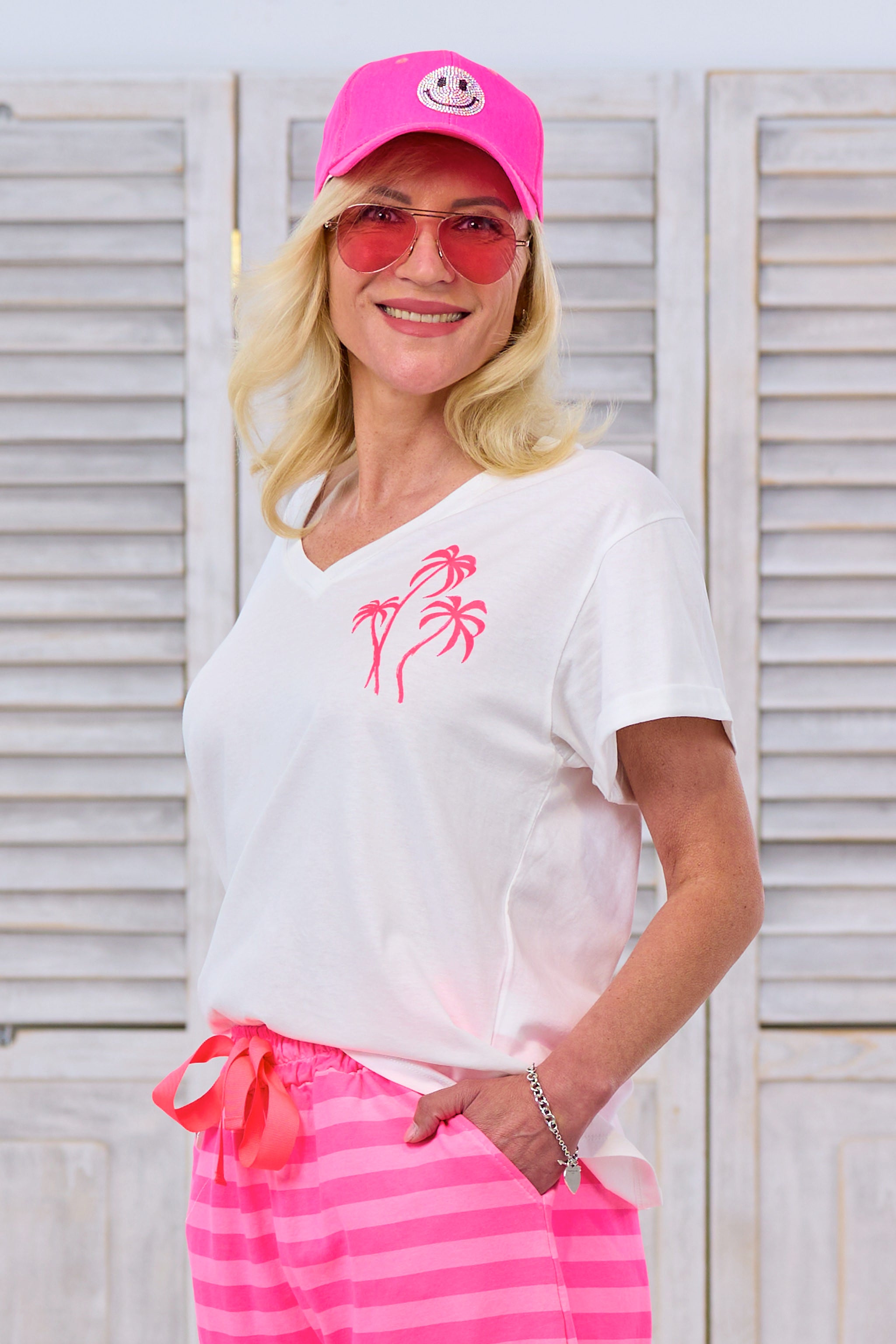T-Shirt mit Palmenprint, weiß-neon pink/orange von Trends & Lifestyle Deutschland GmbH