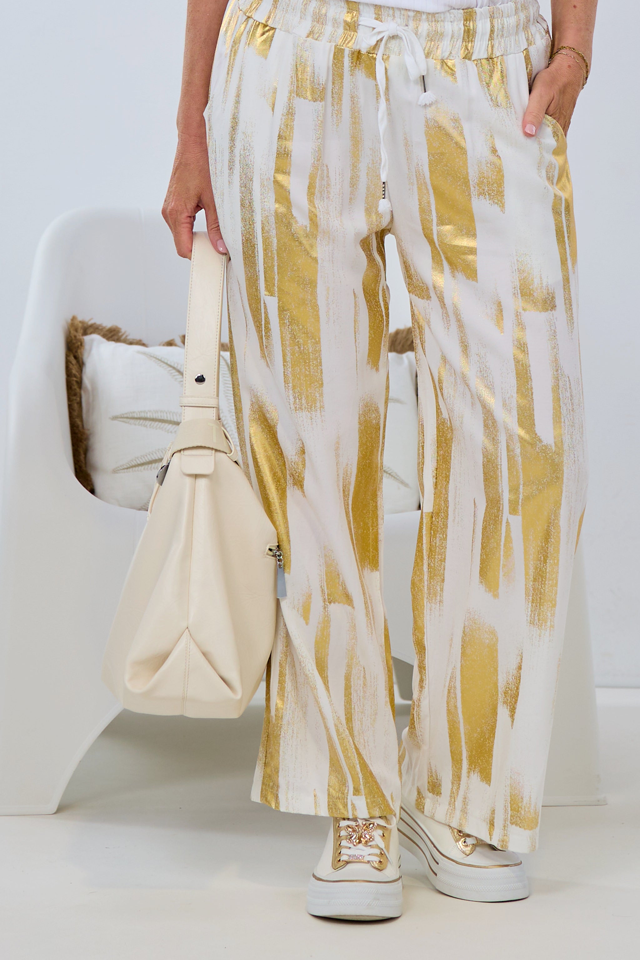 feste Viscose-Hose, ecru-gold
