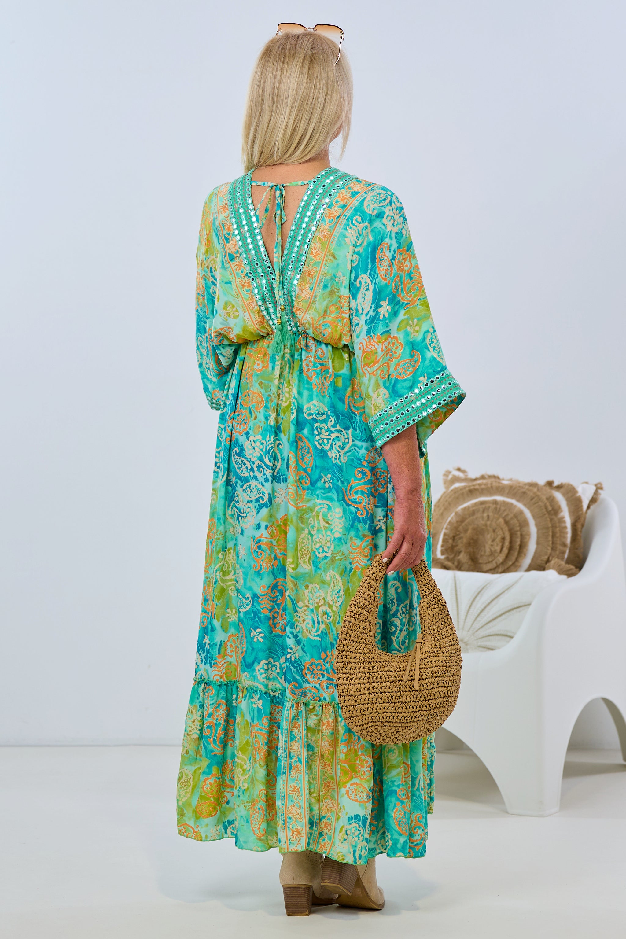 Long dress in boho style, green-orange