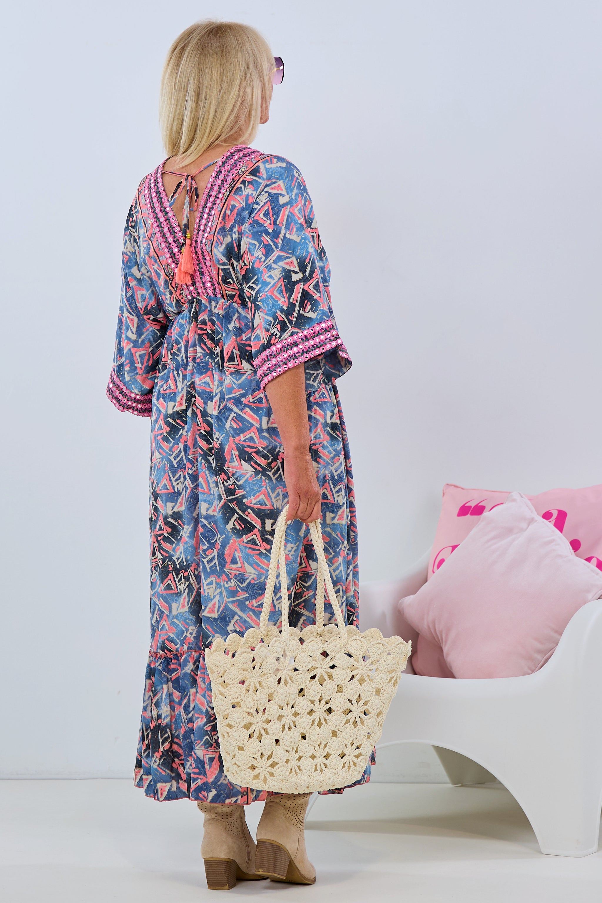 Long dress in boho style, dark blue-pink