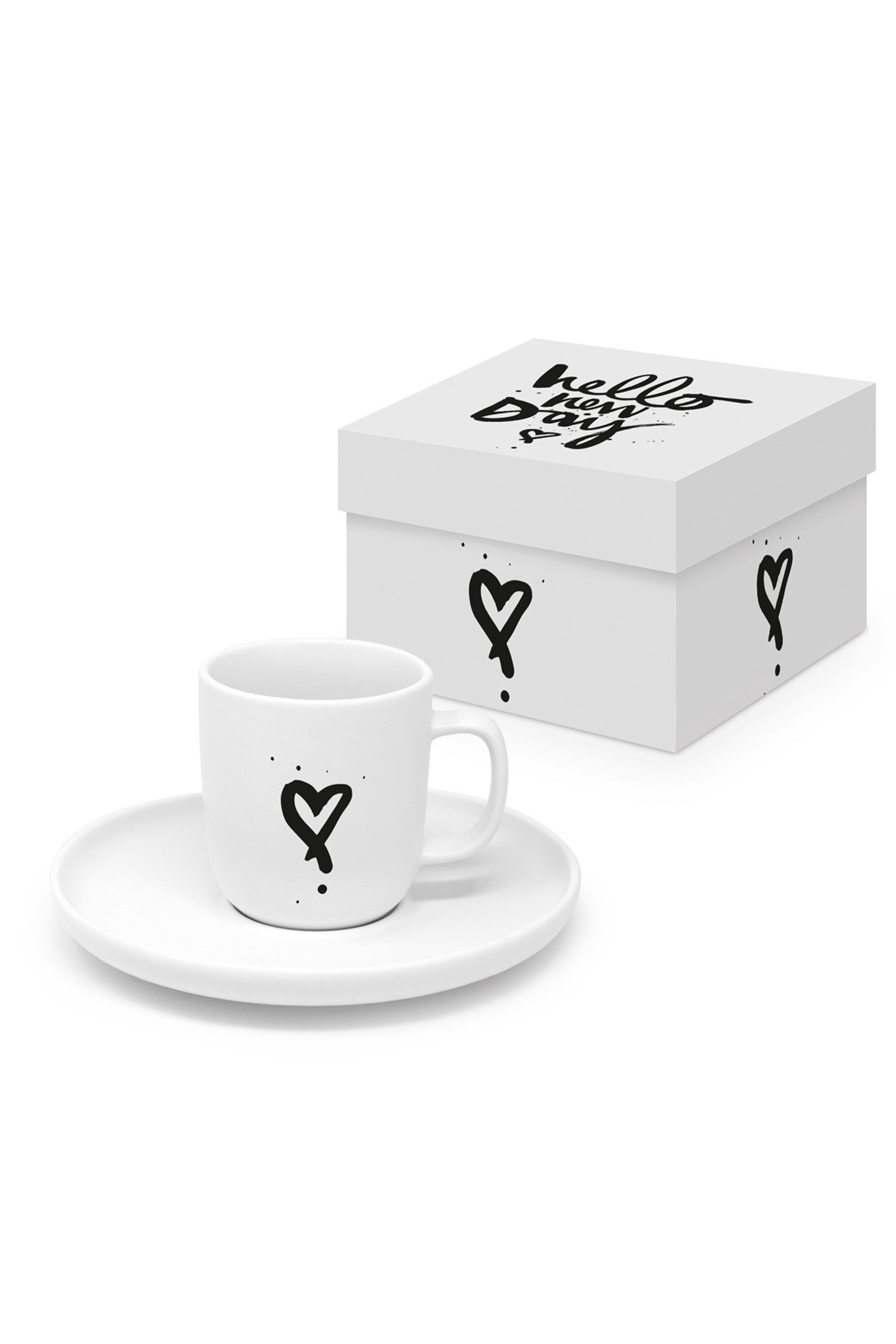 Espressotasse: hello new day, weiß-schwarz von Trends & Lifestyle Deutschland GmbH
