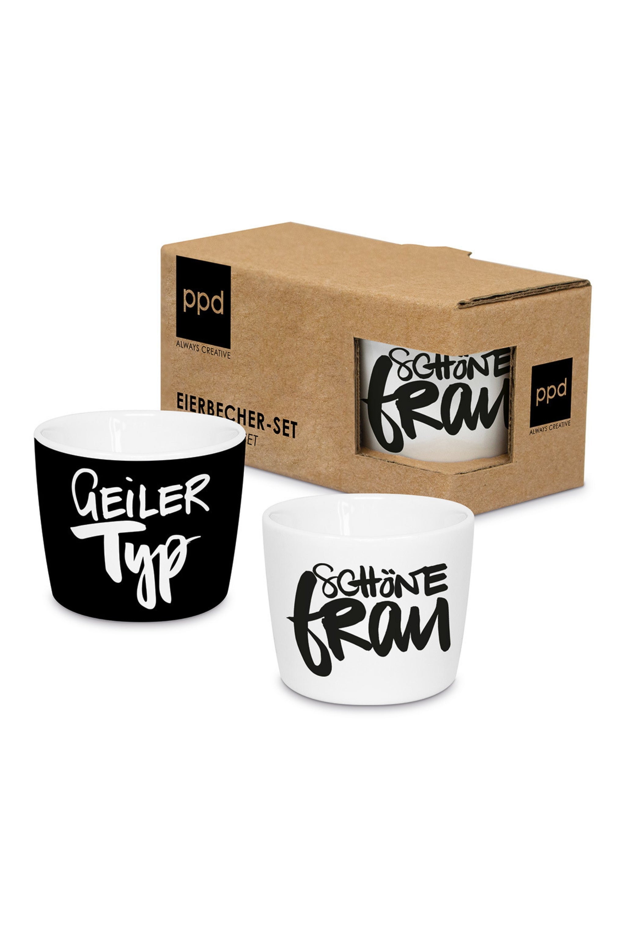 Eierbecher Set: geiler Typ & schöne Frau, weiß-schwarz von Trends & Lifestyle Deutschland GmbH
