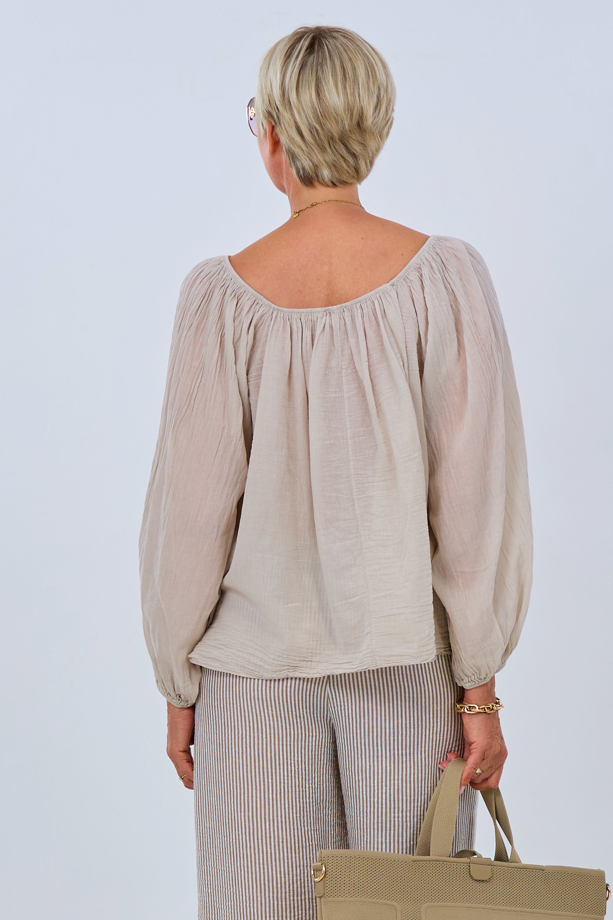 airy blouse with off-the-shoulder neckline, beige