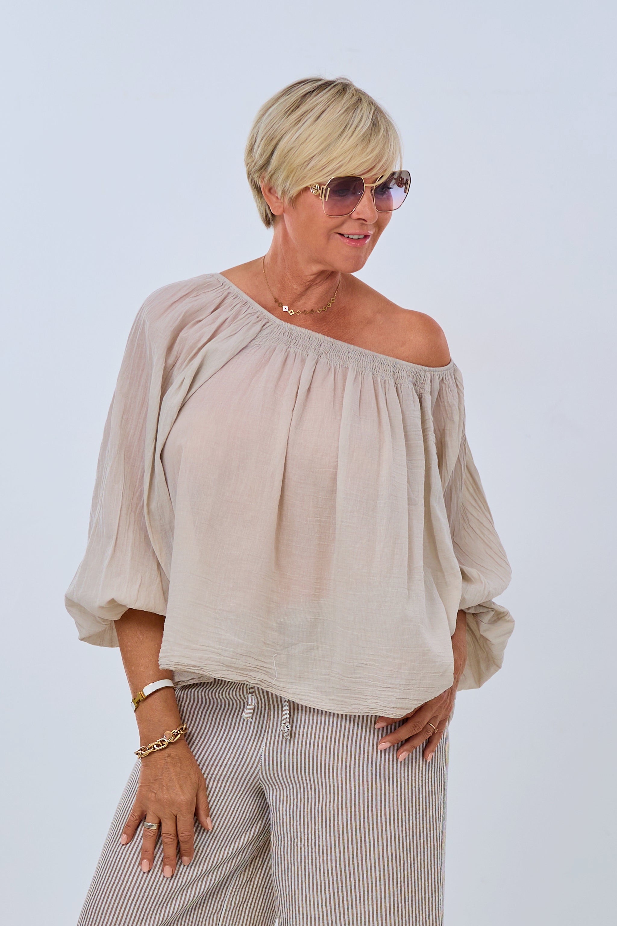 airy blouse with off-the-shoulder neckline, beige