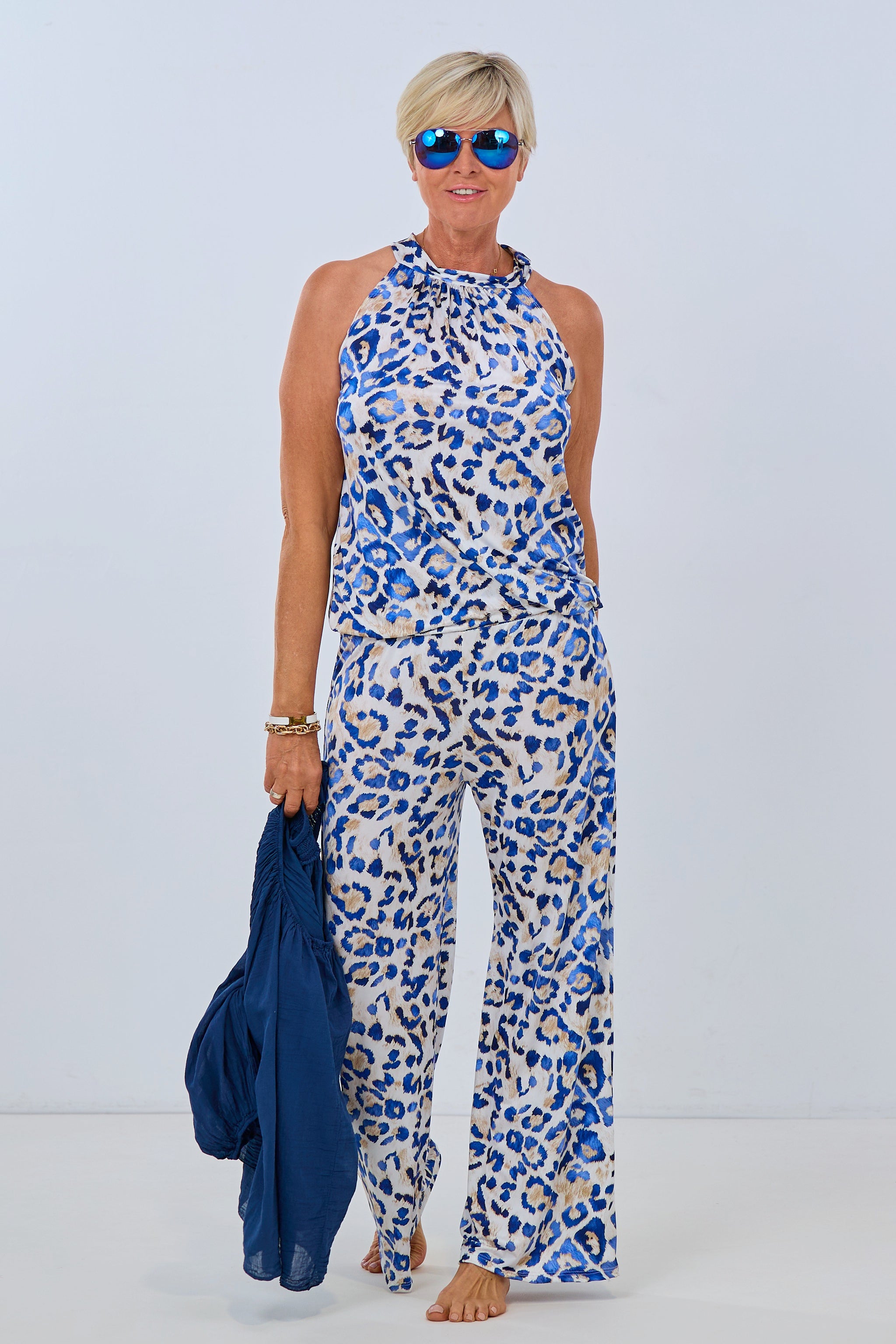 Neckholder Top mit Leo Muster, blau-ecru-beige