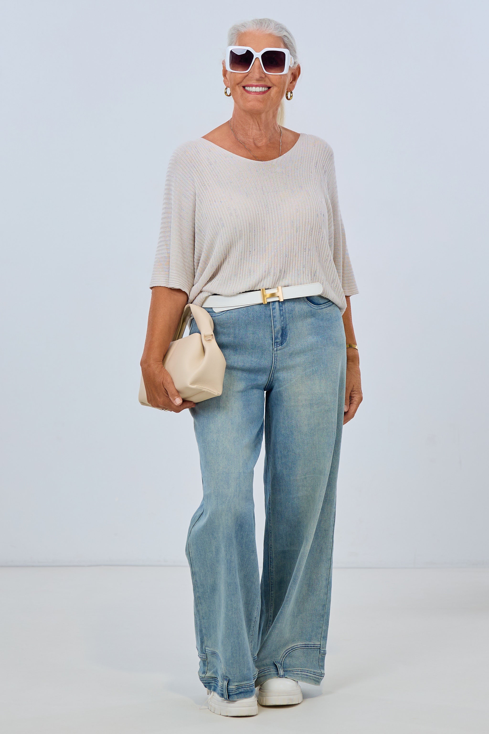 Feiner Ripp-Pulli mit Strass, beige