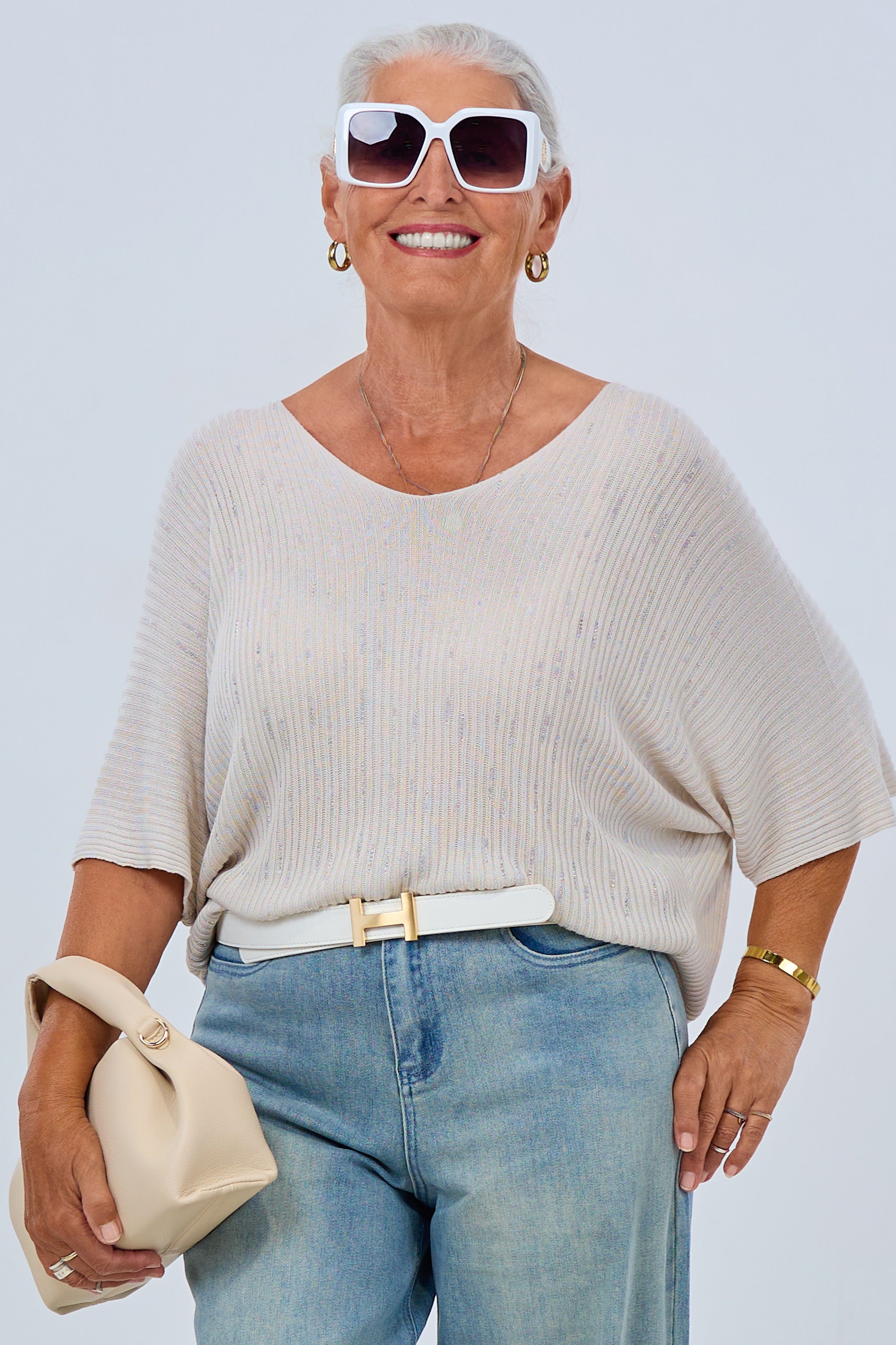 Feiner Ripp-Pulli mit Strass, beige