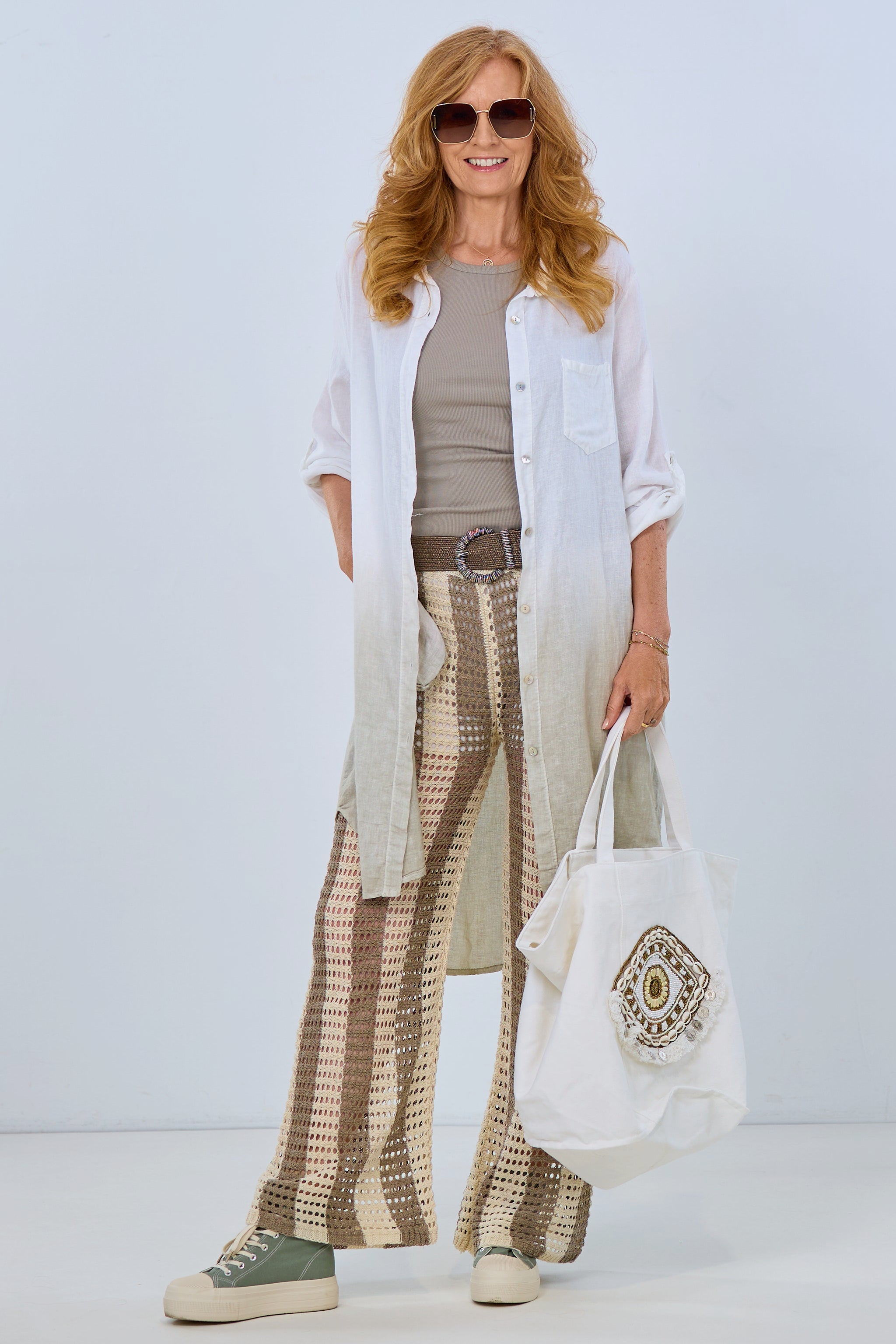 Shirt dress with side pockets, white-taupe