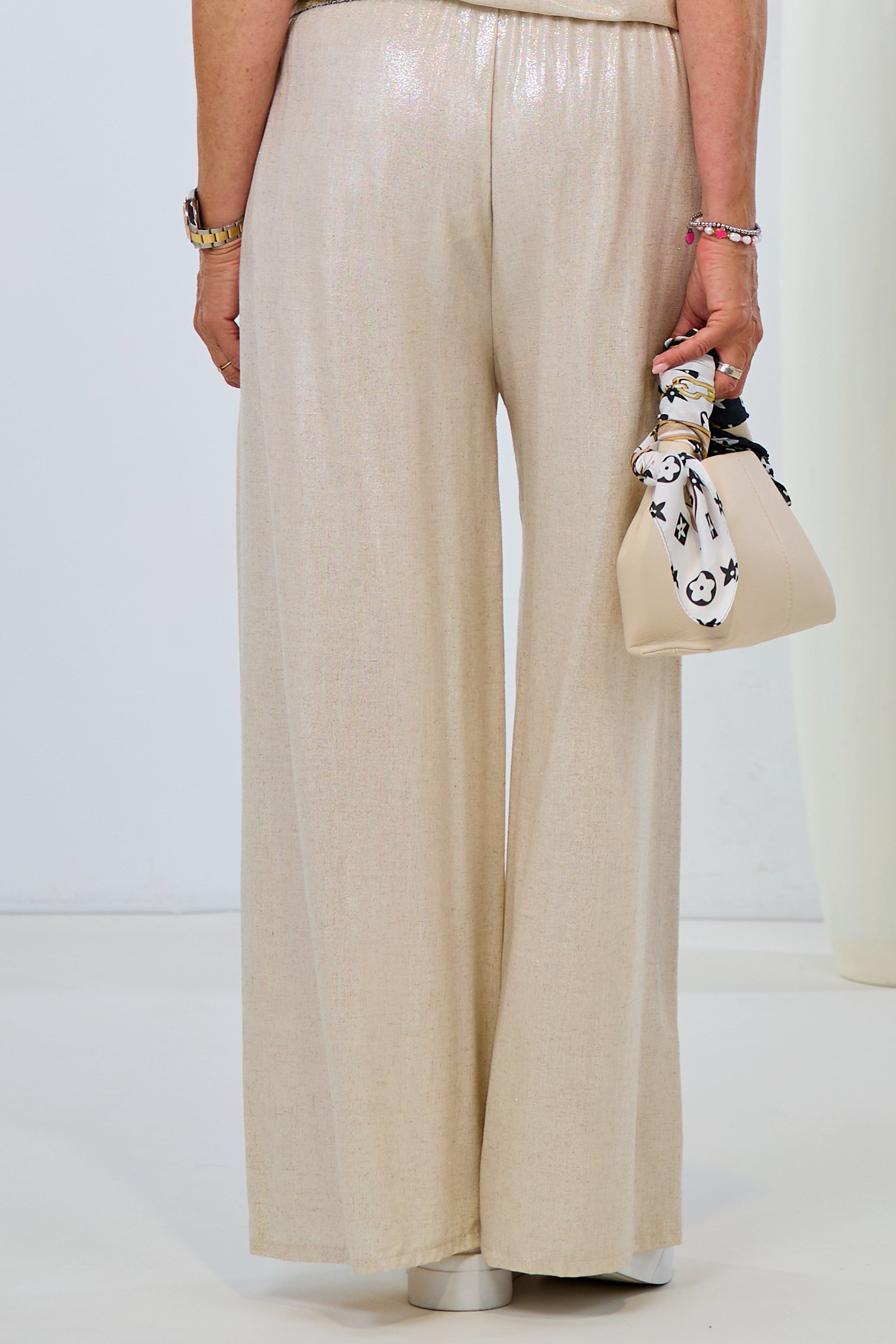 Marlene Hose mit elastischem Bund und Gürtelband, beige-schimmernd