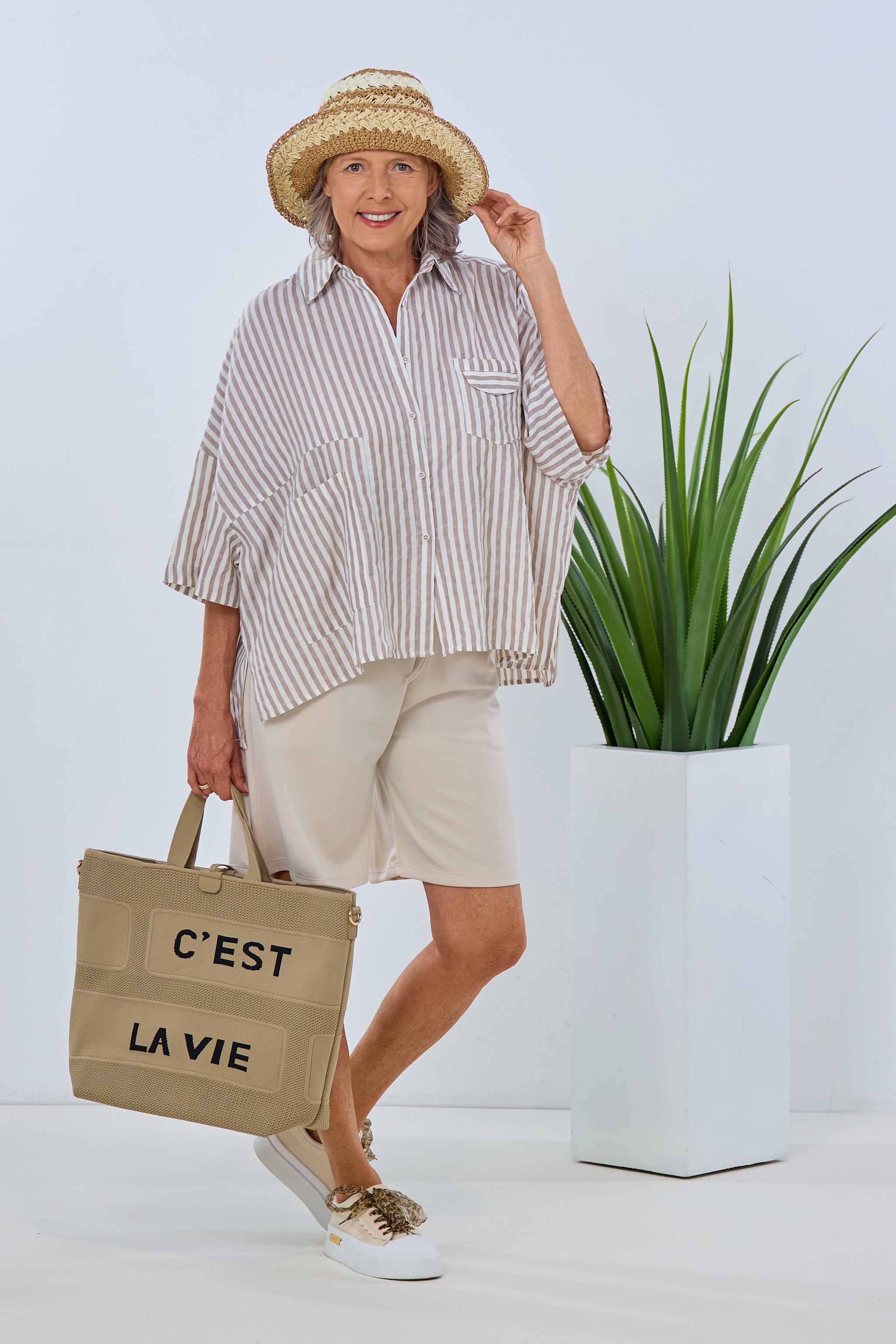 Wide striped blouse, taupe-ecru