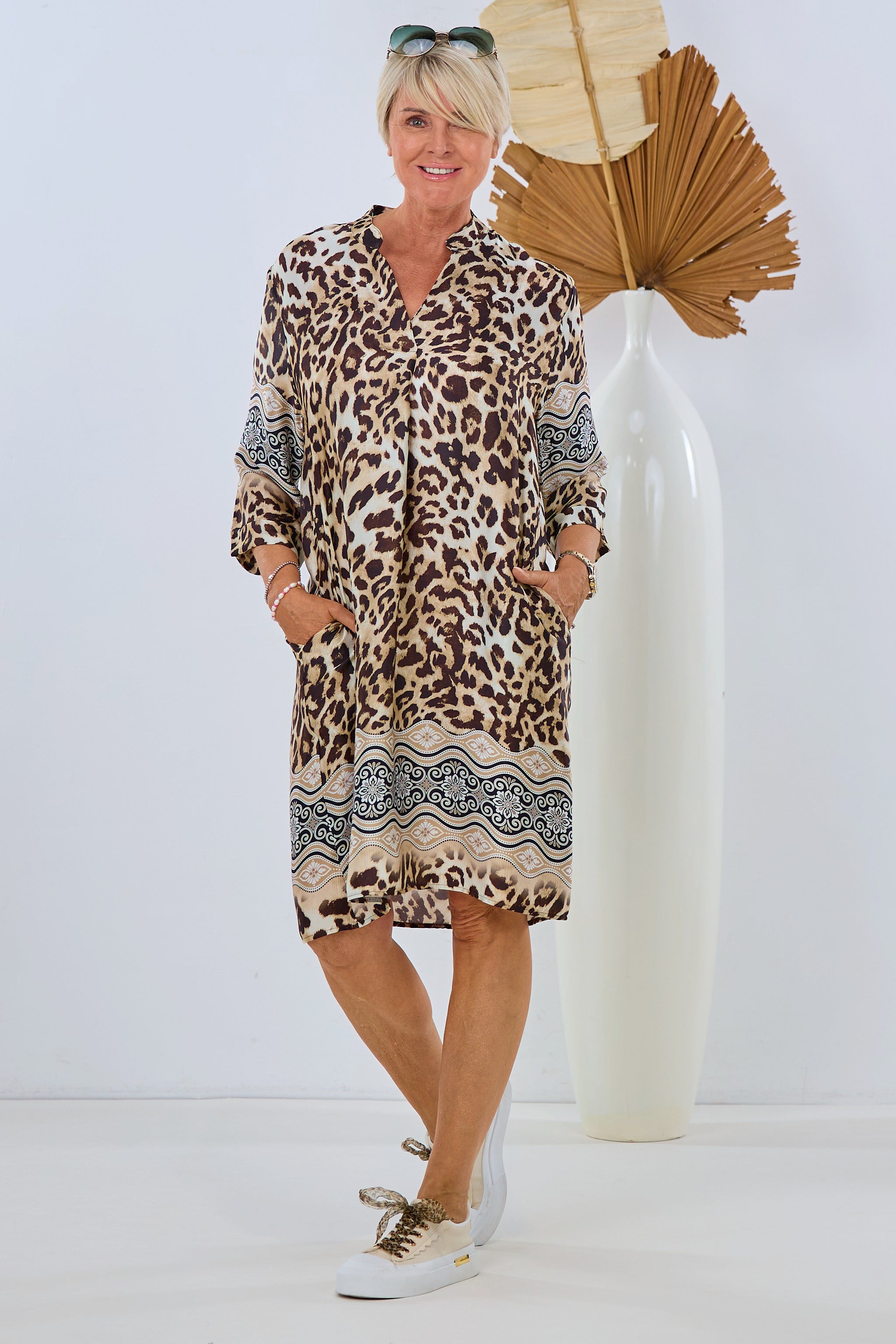 Satin dress with leopard print, leopard brown