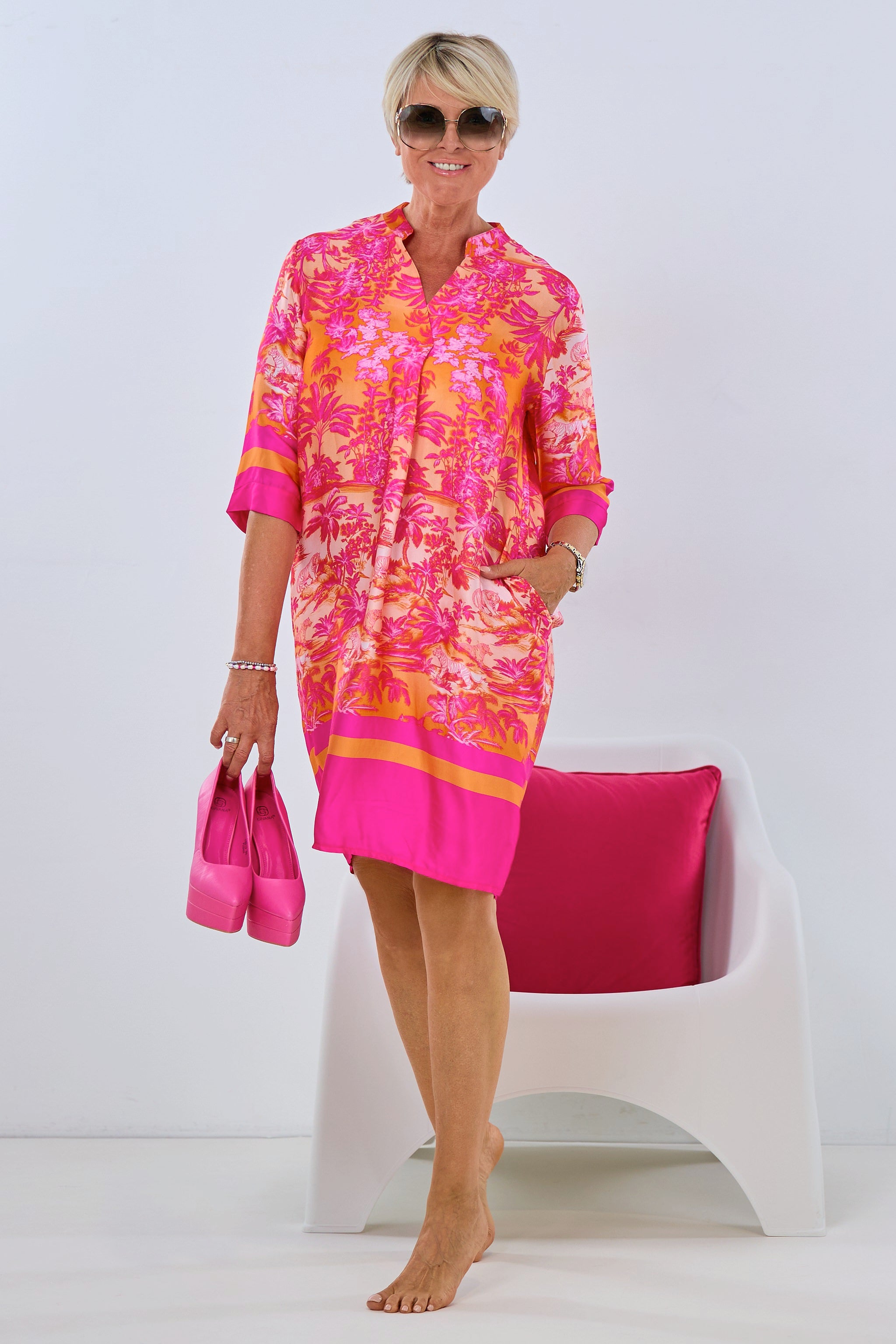 Satin dress with jungle print, pink-orange