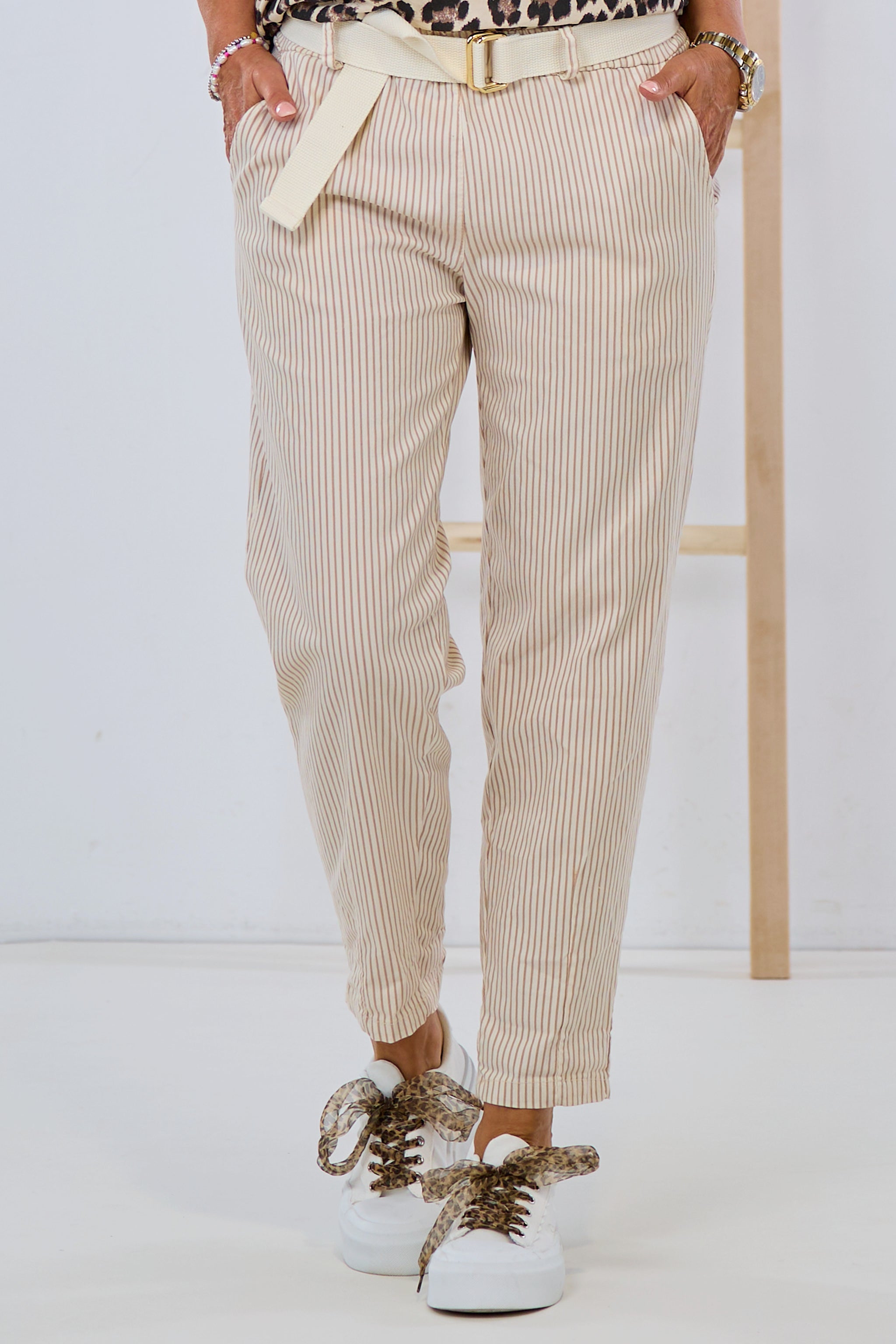 striped pants with belt, beige-taupe
