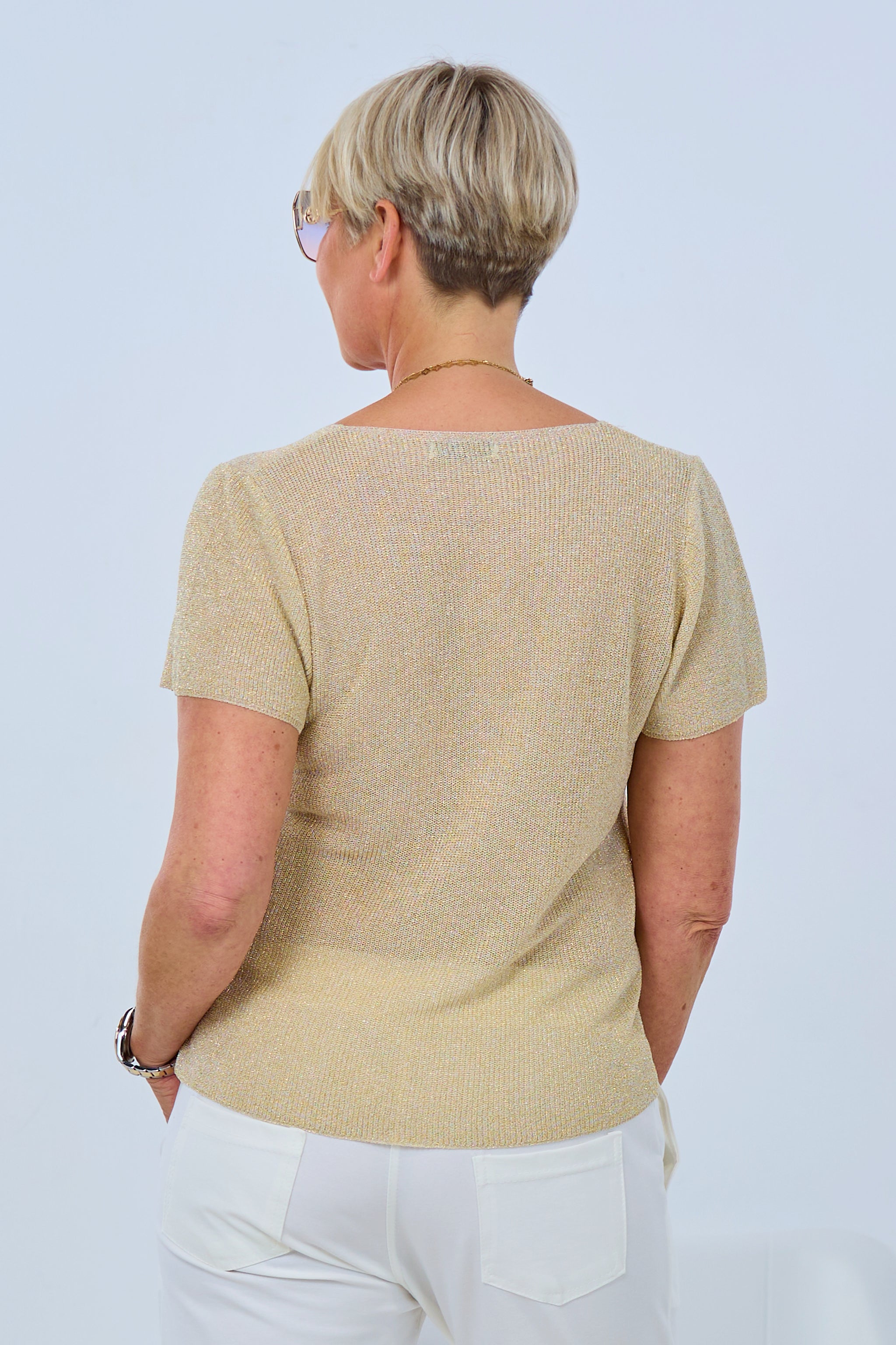 Strick-Pulli mit Gold-Faden und Druck, taupe-gold