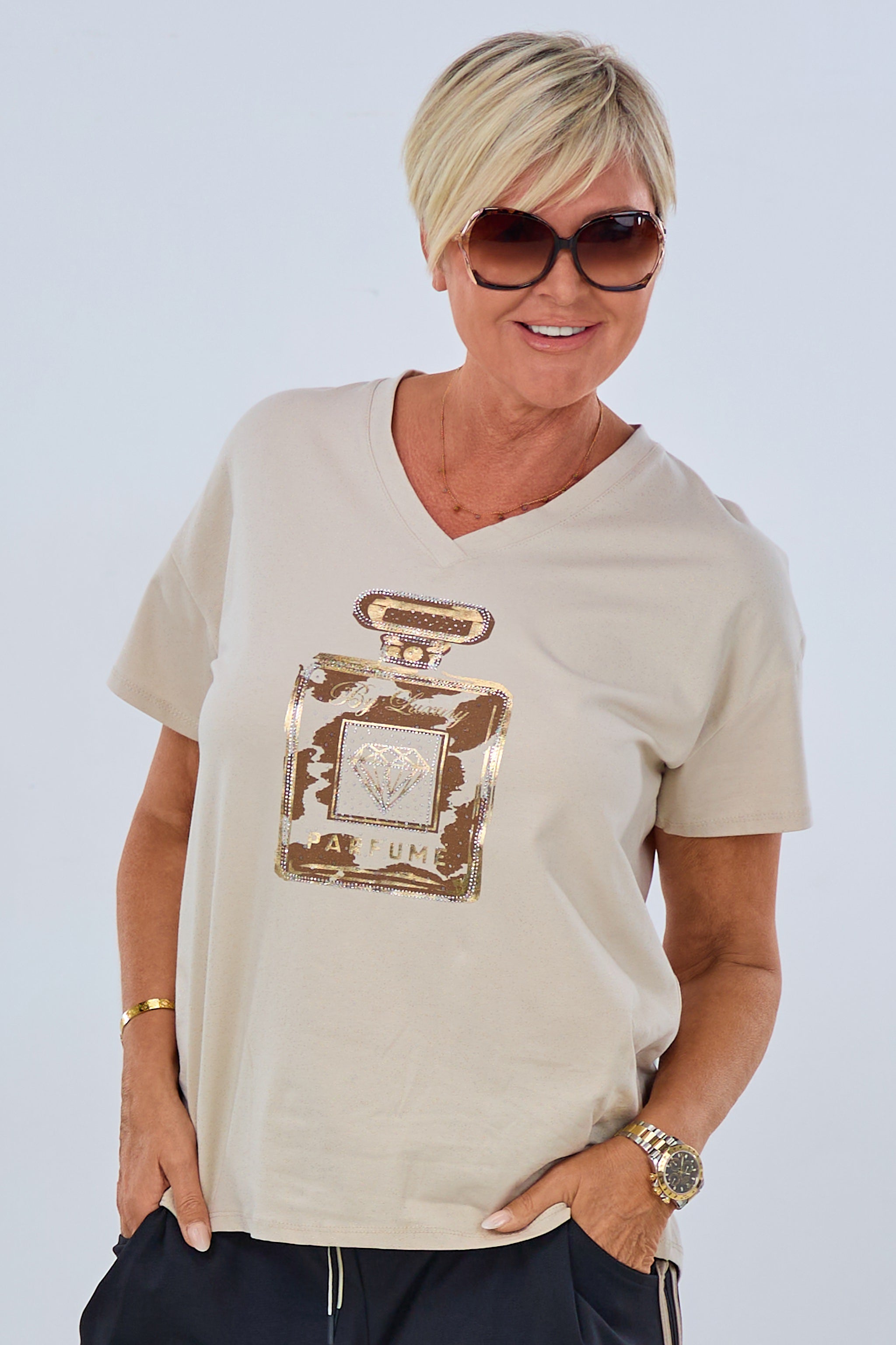 Glitzer Shirt mit Flacon, dunkelbeige