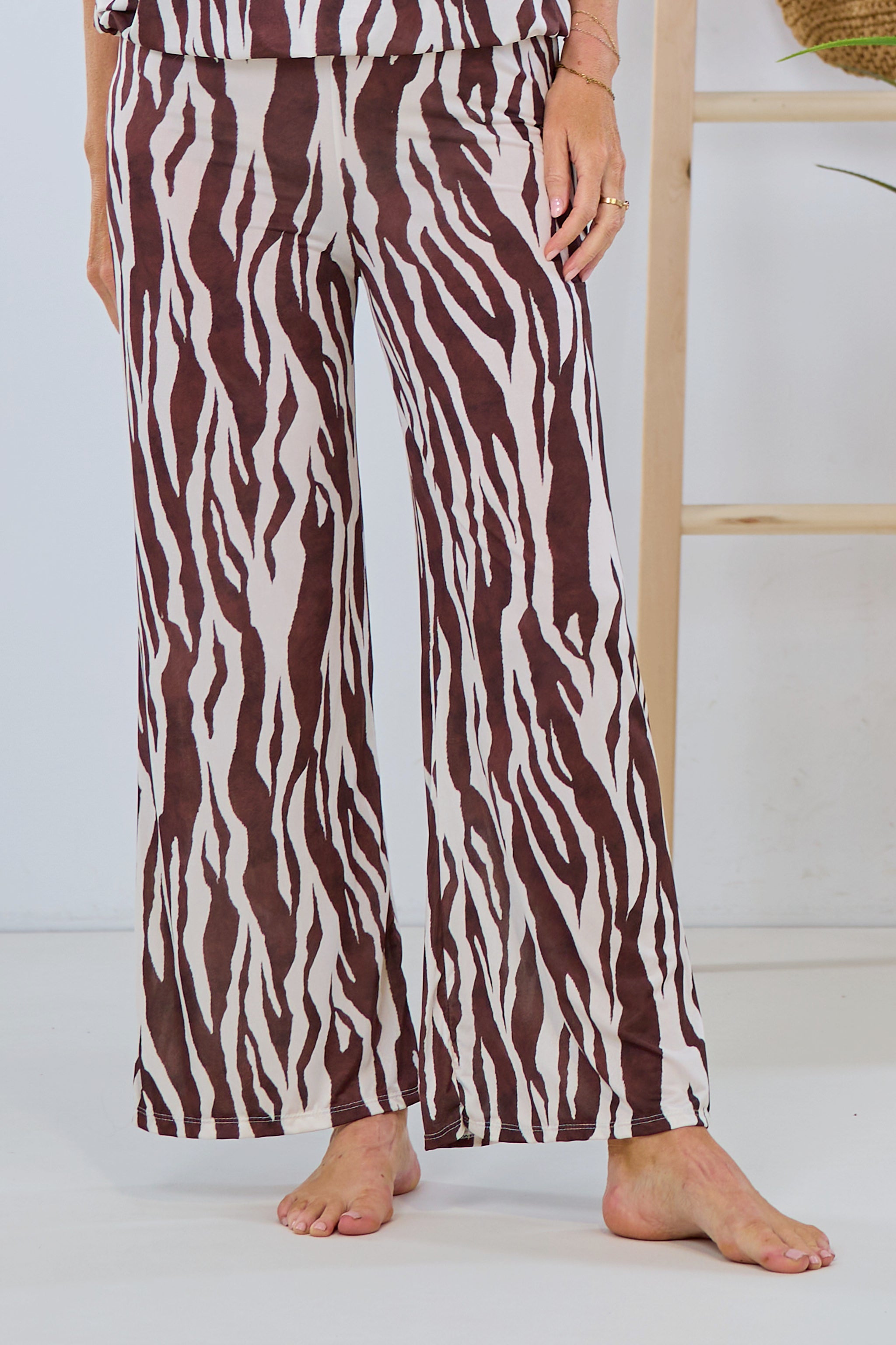 soft flowing pants zebra-striped, cream-brown