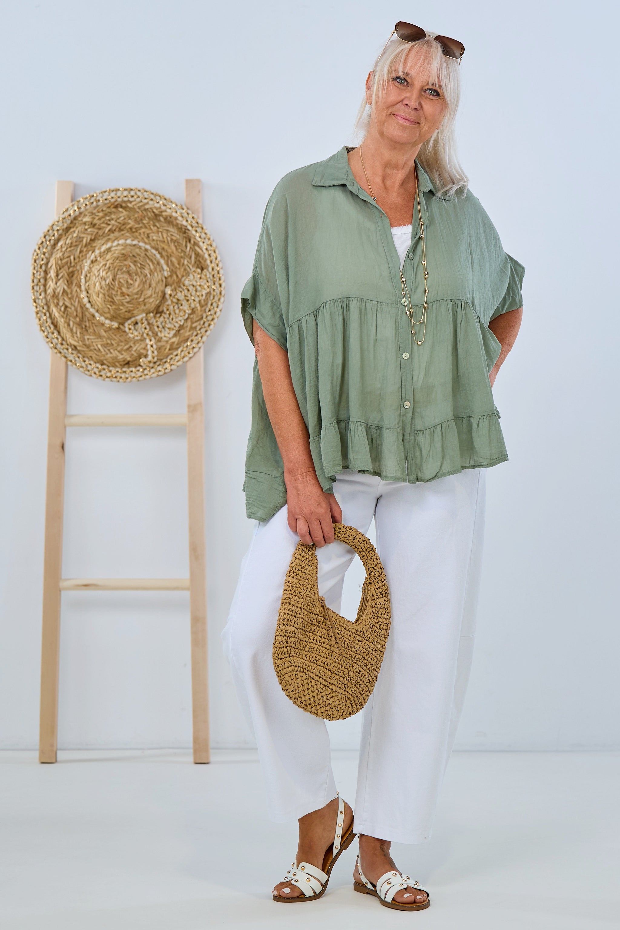 airy blouse with ruffles, khaki