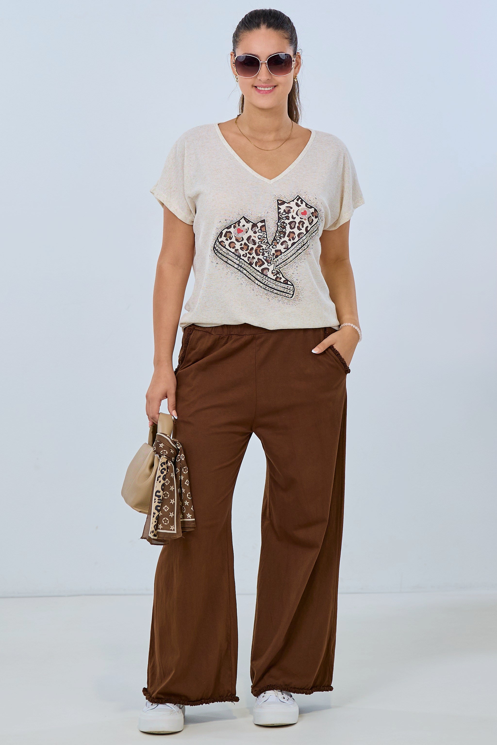 lightweight casual pants with fringes, brown