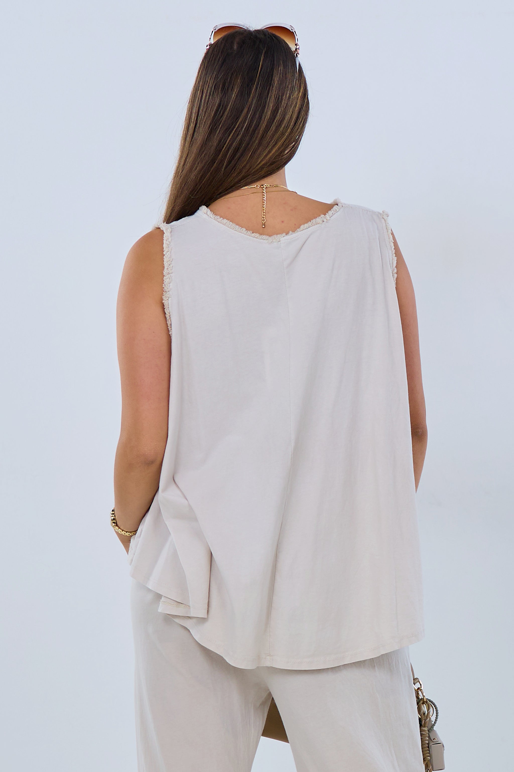 ausgestelltes, weites Top mit Fransen, beige