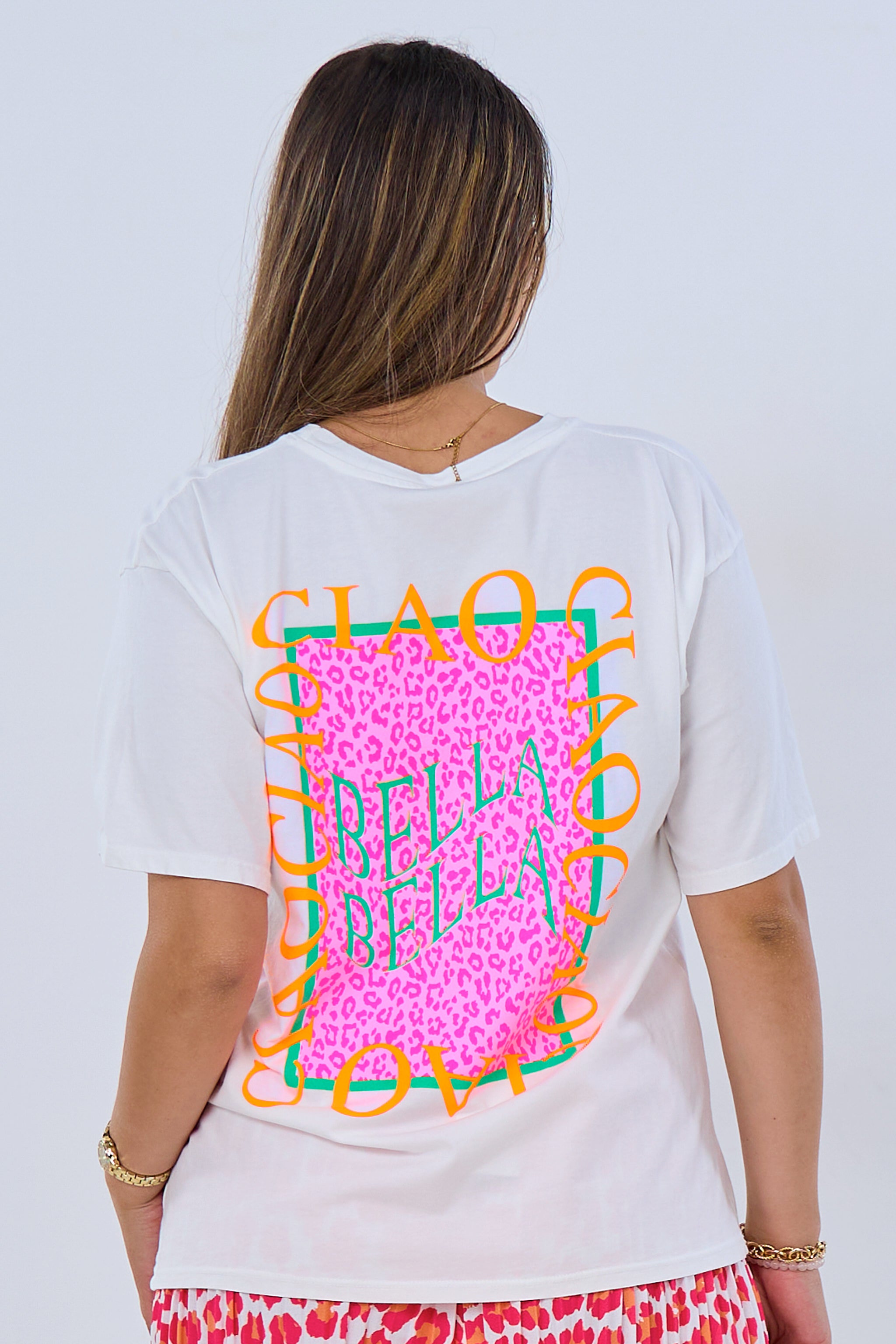 T-shirt with BELLA CIAO print, white-neon orange-pink