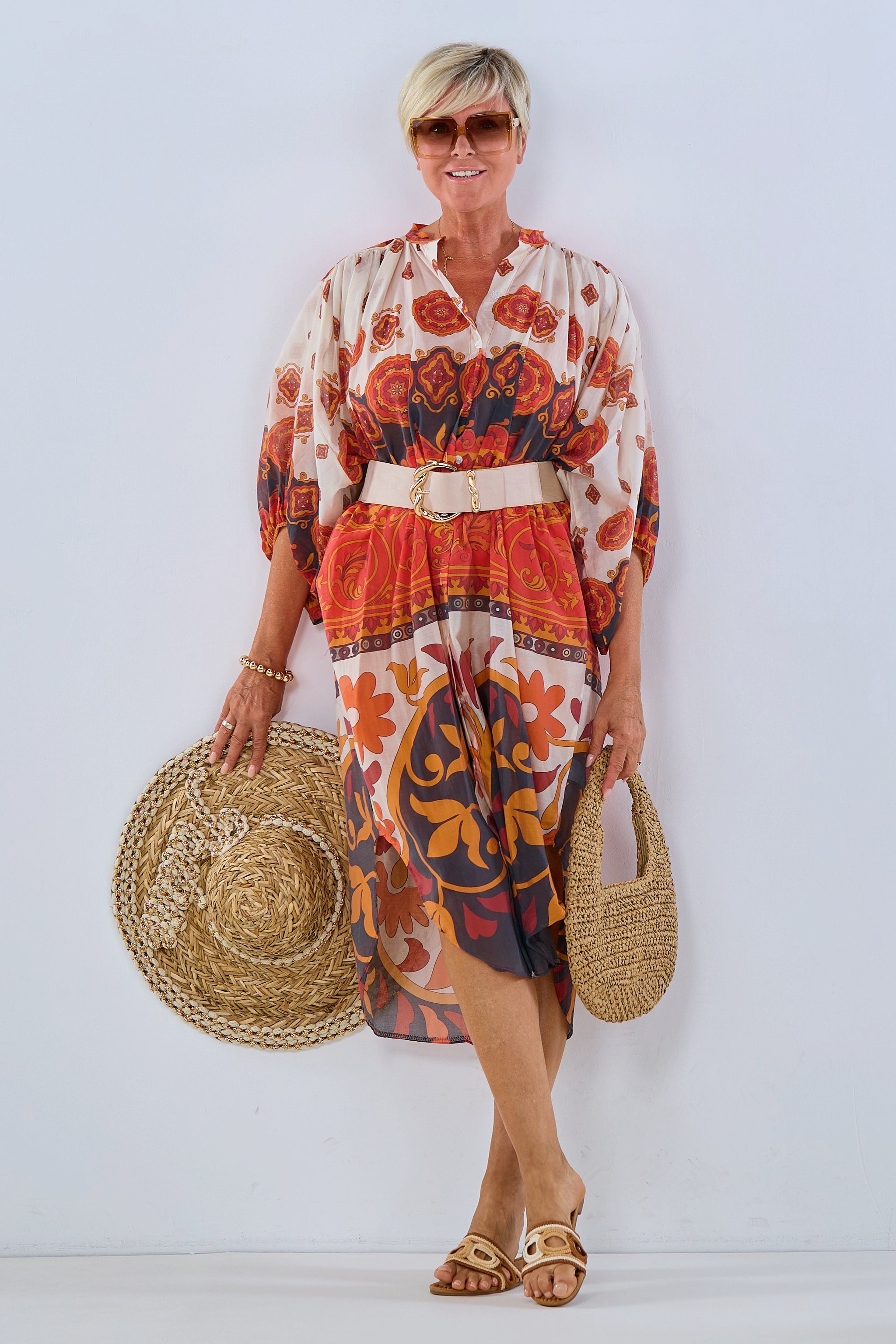 buntes Kaftan-Kleid, rot-orange-creme, mit weiten 3/4 Ärmeln