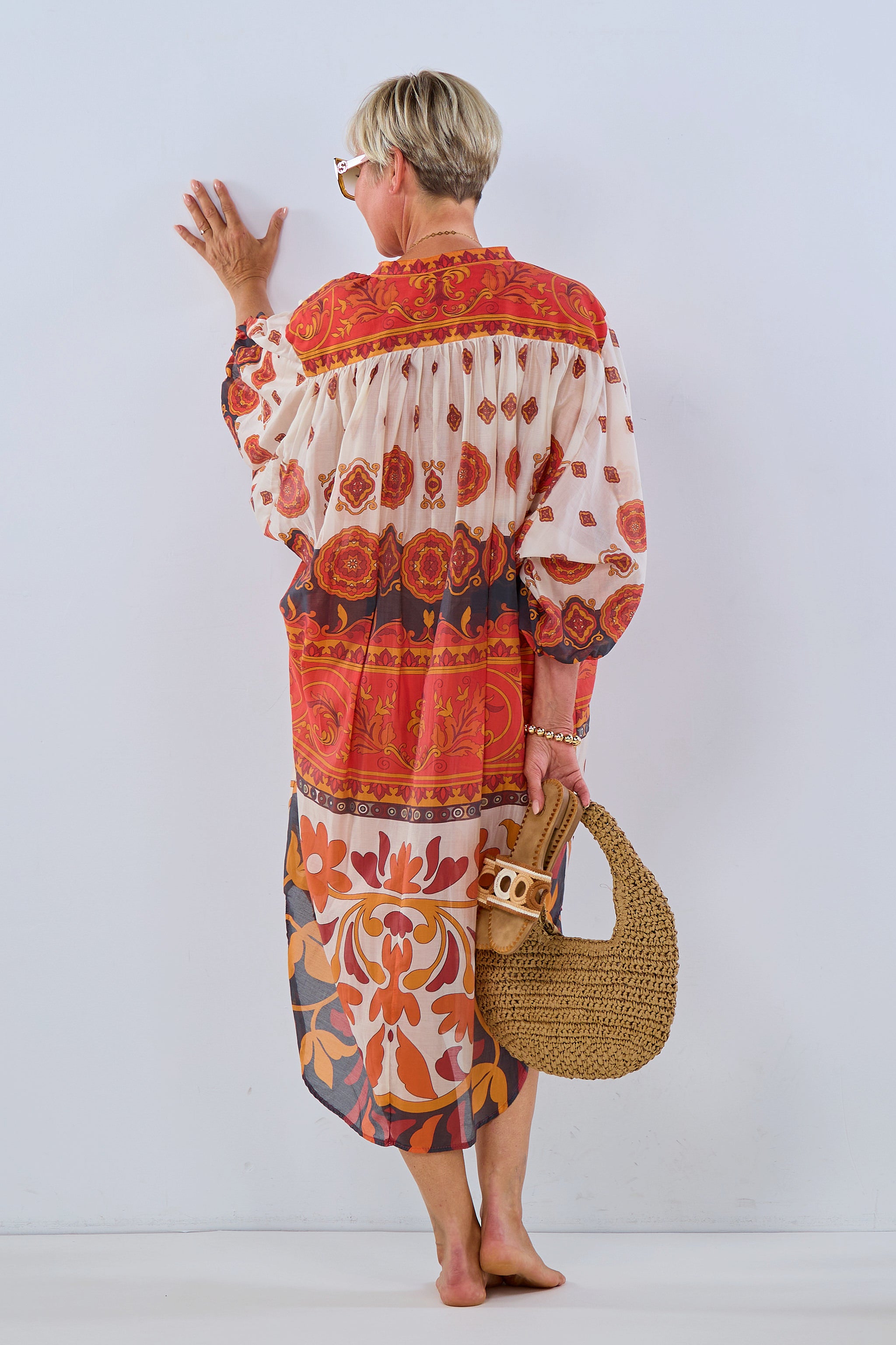 buntes Kaftan-Kleid, rot-orange-creme, mit weiten 3/4 Ärmeln