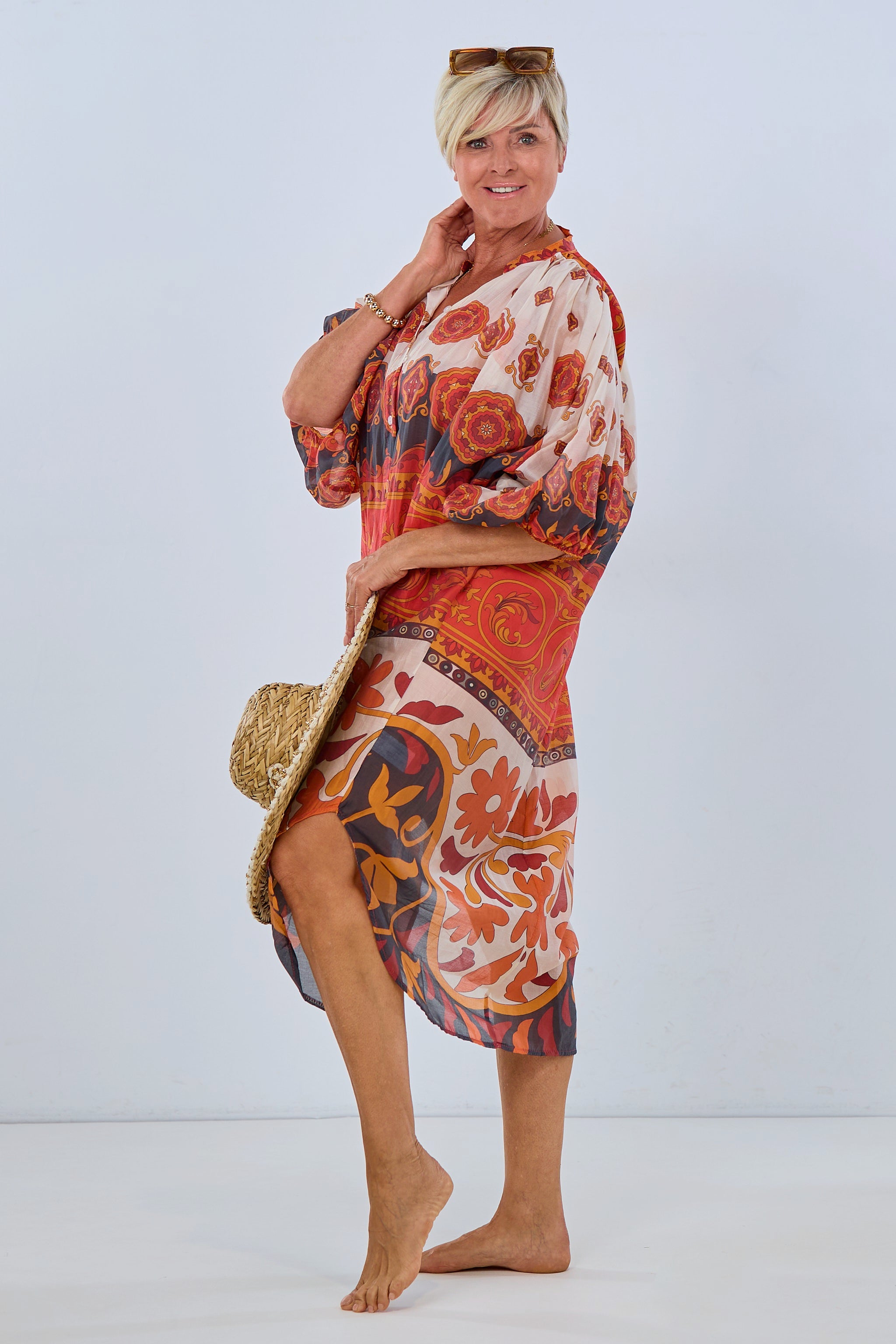 buntes Kaftan-Kleid, rot-orange-creme, mit weiten 3/4 Ärmeln