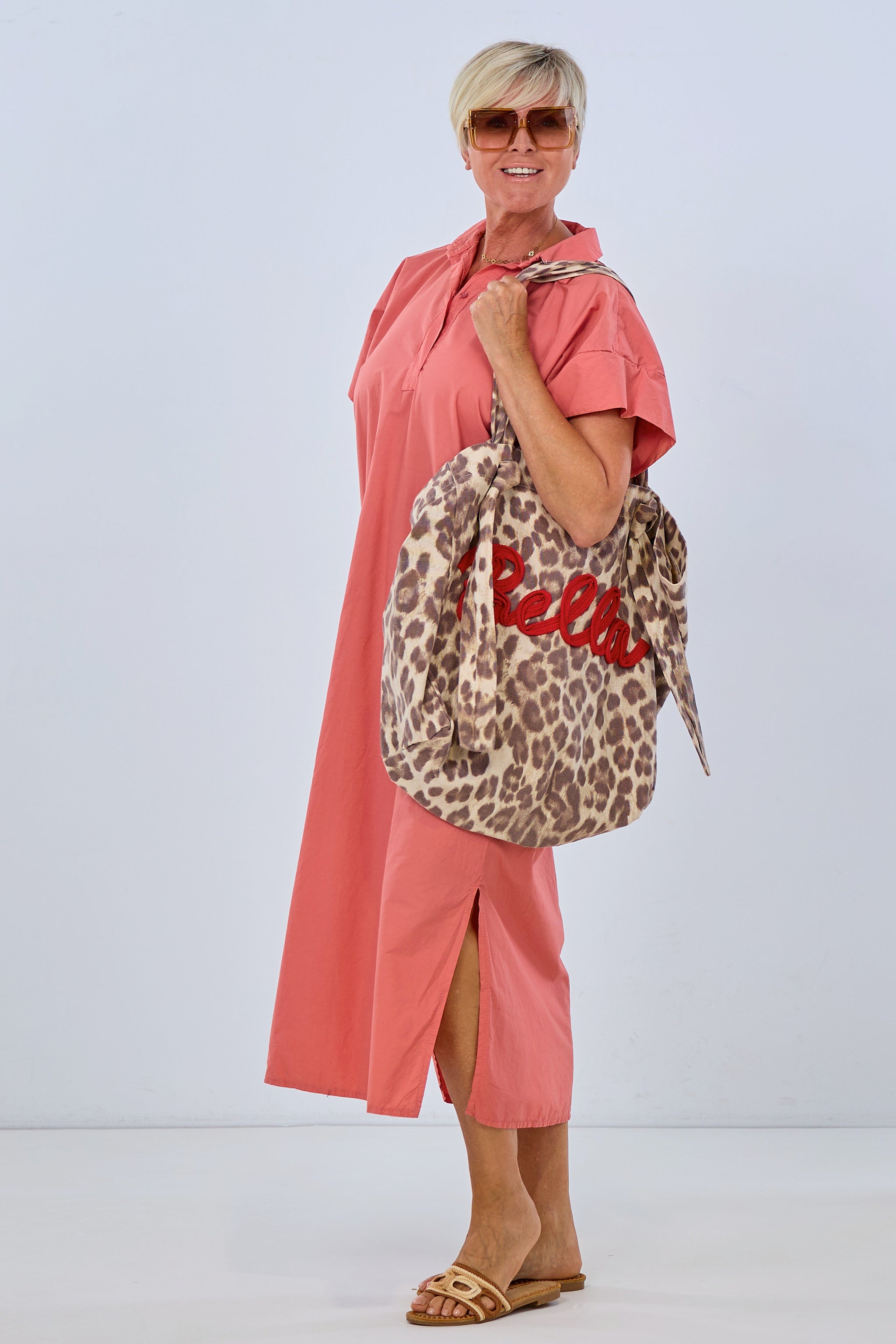 Kaftan dress with blouse collar, coral
