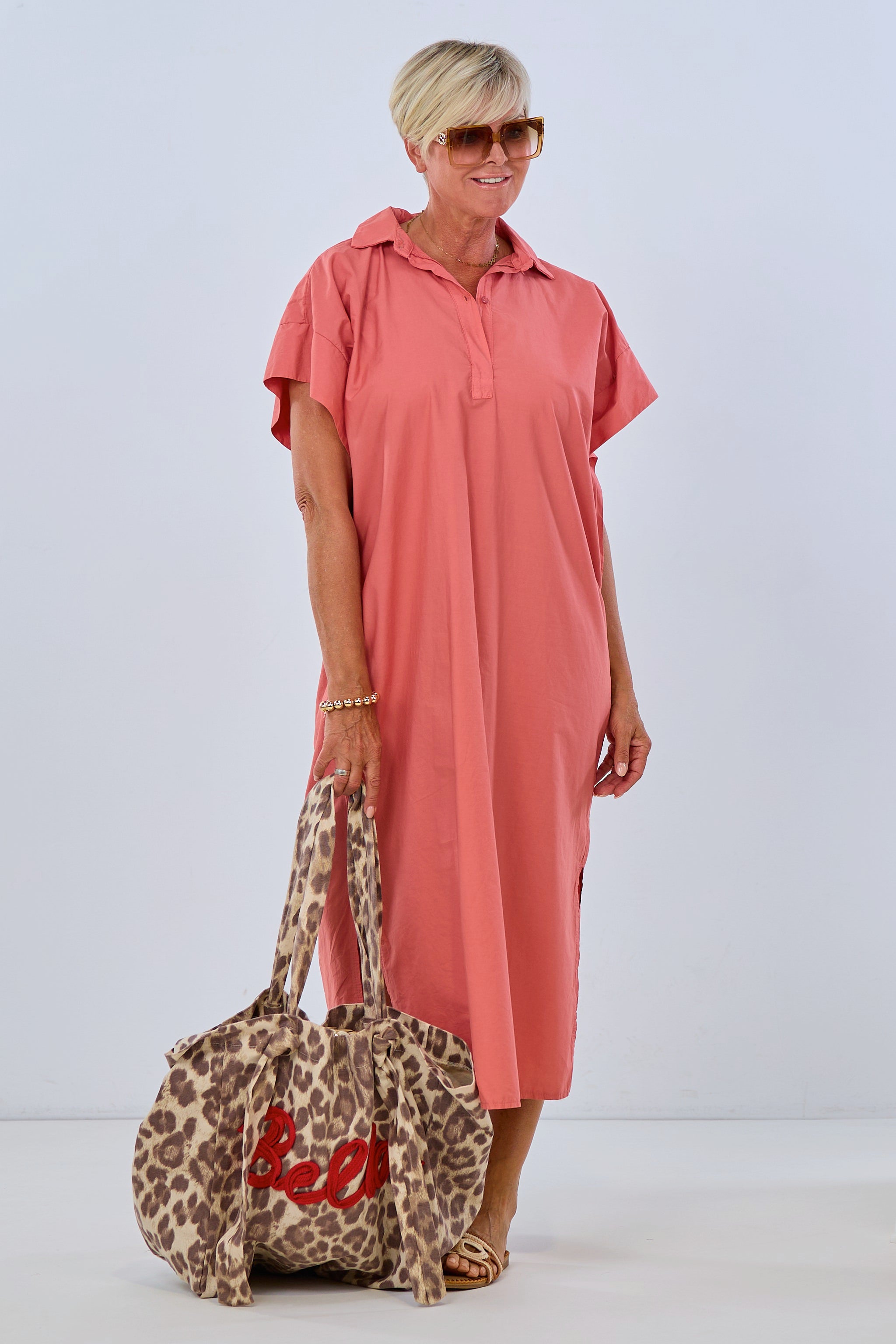 Kaftan dress with blouse collar, coral