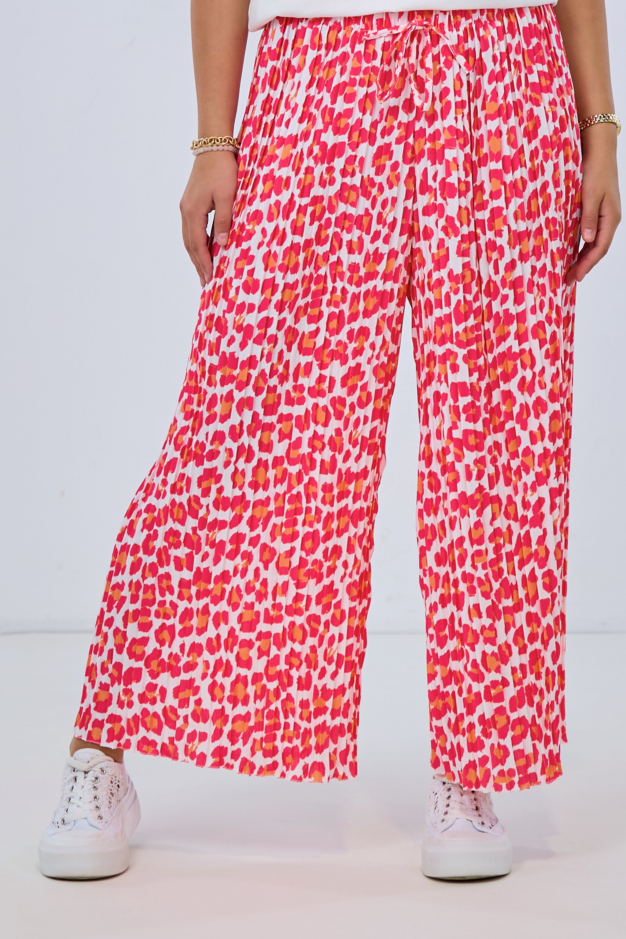 Pleated pants with leopard pattern, pink-orange